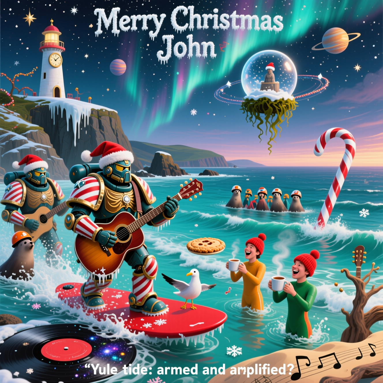 Space marines warhammer, acoustic guitar, Cornwall sea swimming, and Christmas Card