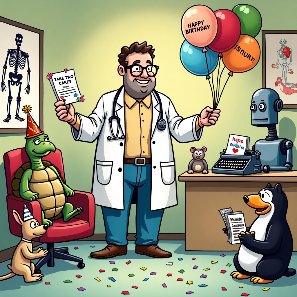 In this quirky, cartoon-style birthday card scene, we find ourselves in a whimsical doctor's surgery that seems to have wandered straight out of a comic strip. The setting is a vibrant, bustling waiting room, filled with characters that are as amusing as they are unexpected. The walls are adorned with medical posters featuring humorous depictions of anatomy, like a skeleton grinning mischievously and a cartoon heart that appears to be doing a jig.

At the center of the scene, a portly, bespectacled doctor with a giant stethoscope around his neck is enthusiastically handing out prescription slips, not for medicine, but for slices of birthday cake. His white coat has colorful confetti sticking out of the pockets. Sitting in the patient’s chair is an elderly turtle with a party hat perched atop its shell, looking both bemused and delighted.

Next to the turtle, a dog wearing a nurse's cap is blowing up balloons with a comically oversized syringe. These balloons float cheerfully above, bearing messages like "Happy Birthday!" and "Take Two Cakes and Call Me in the Morning!" In one corner of the room, a friendly robot with a birthday badge is clumsily trying to attach streamers to the ceiling, while a small monkey, dressed as a receptionist, types furiously at a typewriter with bananas for keys.

In the background, the waiting room is filled with a diverse cast of animated characters, each with their own quirks—a bear flipping through a magazine labeled "Paws & Claws Health Tips," a rabbit impatiently tapping its foot, and a penguin balancing an ice pack on its head, reading "The Iced Daily."

The floor is strewn with colorful confetti, and in the corner, a festive banner hangs proudly: "Doctor’s Orders: Celebrate!" This delightful scene is a celebration of the unexpected, combining birthday cheer with a touch of medical mischief, sure to bring a smile to anyone who receives this card.
Generated with these themes: Doctors surgery.
Made with ❤️ by AI.