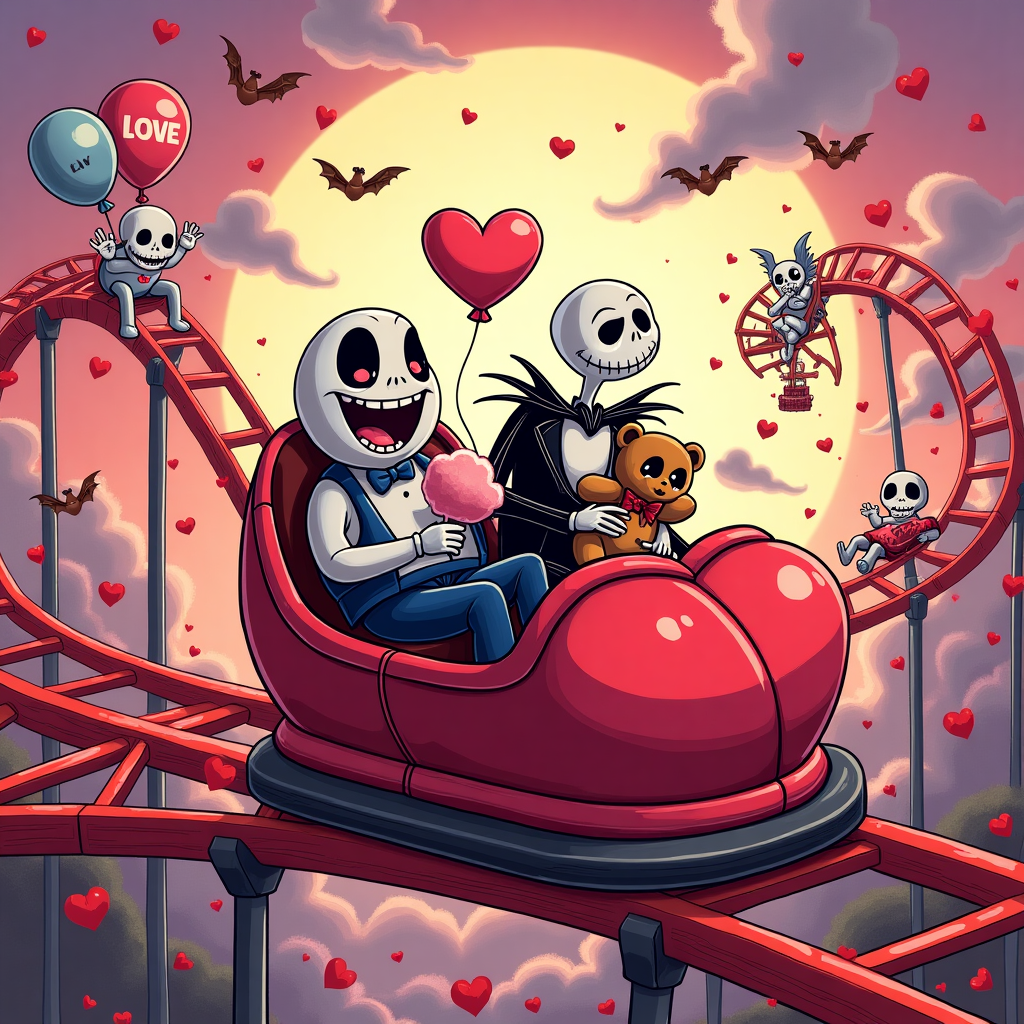 At the top of the cartoon image: "Happy Scream-tines Day, Brenda Hernandez – Love is one wild ride!"

**Prompt for the image:**

Create a hilarious cartoon-style Valentine's Day scene featuring Majin Buu (from Dragon Ball Z) and Jack Skellington (from The Nightmare Before Christmas) sitting together in a heart-themed roller coaster car. The roller coaster should be twisting and looping through a surreal, romantic amusement park full of Valentine’s Day iconography—floating candy hearts, cupid-shaped balloons, and red roses flying everywhere.  

Majin Buu is giggling with glee, holding a giant cotton candy shaped like a heart, while Jack Skellington looks terrified but trying to smile, clutching a teddy bear that says “Be My Boo.” Surrounding them are ghostly cherubs and floating skeleton cupids shooting arrows at random. Include lots of silly details like heart-eyed bats, undead lovebirds on a date in the background, and roller coaster track that forms the word “LOVE” mid-loop. Bright, punchy colors with playful, exaggerated cartoon expressions all around.  

Keep the overall vibe fun, ridiculous, and filled with chaotic Valentine's charm!
Generated with these themes: Majin buu, Jack Skellington, and Them on a roller coaster.
Made with ❤️ by AI.
