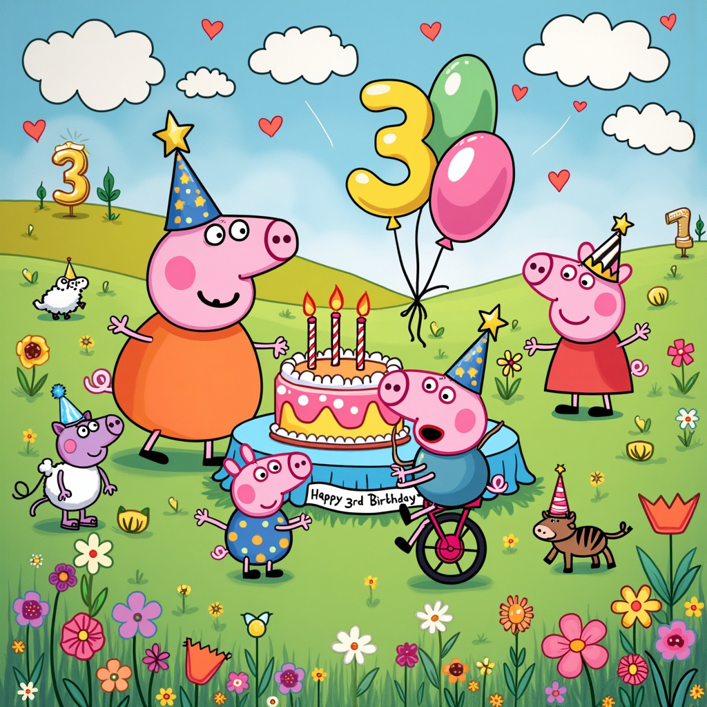In the whimsical birthday scene, a colorful meadow stretches under a radiant sky adorned with fluffy clouds shaped like number "3s." This vibrant setting is framed with a mix of Charles Schulz's clean lines and Bill Watterson's playful, expressive detail. Front and center, we have Peppa Pig dressed in a tiny, festive birthday hat adorned with glitter and a big "3" on the front. She’s holding a giant, cartoonish birthday cake with three oversized candles shaped like her iconic wellies.

Next to Peppa is her brother George, who is gleefully balancing on a unicycle, reminiscent of the animated energy seen in Walt Disney's early work. George is juggling three balloons—one shaped like a dinosaur, another like a rocket ship, and the third a bright pink pig snout, clearly a nod to their own family.

In the background, you'll see Peppa and George's friends, depicted with Gary Larson’s exaggerated, humorous style. Suzy Sheep is attempting to pin the tail on a life-sized Peppa Pig poster, but the tail ends up hilariously stuck to Daddy Pig’s rear, who’s obliviously munching on a giant slice of watermelon. Meanwhile, Candy Cat and Pedro Pony are laughing and exchanging birthday gifts—wrapped in vividly patterned paper that echoes the meticulous detailing of Hergé’s Tintin comics.

Adding a touch of Osamu Tezuka’s charming manga influence, the birthday cake table is set up like an epic food spread, with delicately drawn details of various cartoonish sweets and snacks, including a towering cotton candy machine and a chocolate fountain bubbling enthusiastically.

The foreground has a playful Easter egg for the observant eye, a small snail reminiscent of Winsor McCay’s intricate designs, wearing a tiny party hat and crawling slowly past a miniature banner that reads, “Happy 3rd Birthday!” in bold, cheerful lettering inspired by Art Spiegelman's impactful typography.

To top it all off, in the top right corner of the card, R. Crumb’s signature quirky touch is apparent as Mr. Potato, adorned in comically oversized spectacles, waves a little flag that says “#3” with a big, toothy grin.

This detailed scene captures the essence of a joyful, hilarious, and utterly unforgettable 3rd birthday, blending the storytelling elements of classic cartoon and comic artists into a unique and enchanting visual tale.
Generated with these themes: 3rd birthday , and Peppa Pig.
Made with ❤️ by AI.