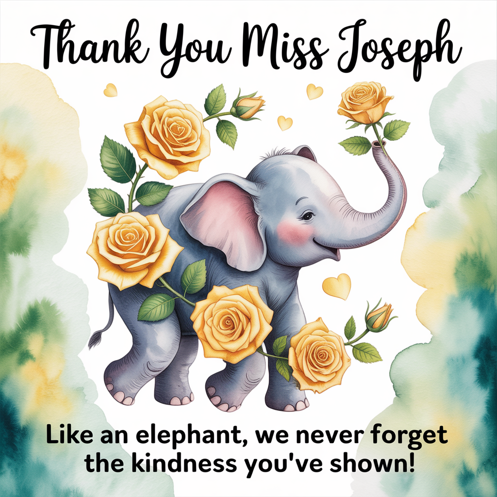 The colour green, yellow roses, elephants, , and Thank-you Card