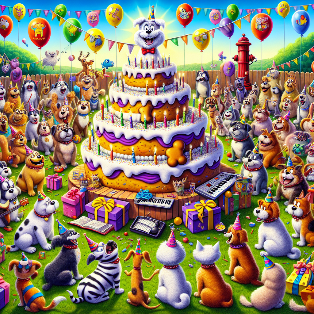 An animated scene of a bustling birthday party set in a sunlit backyard with a vivid green lawn. Proudly in the middle of this lively setting is an enormous bone-shaped birthday cake coated in white icing and adorned with colorful sprinkles. It is encircled by cheerily wrapped presents. Just about a semi-circle of cartoon dogs from different breeds, sporting colorful party hats as they attentively focus on a makeshift stage. A group of rotund, striped cartoon cats are dressed in small bow ties, playing a birthday tune with a keyboard, a drum set embellished with paw prints, and a saxophone. Balloons shaped like hydrants, fish, paws, and bones float cheerily above, some tethered to a nearby cartoon-like tree which has been adorned in party streamers. All the animals are pictured with exaggerated grins and wide, twinkling eyes. A dog in a magician's cape stands on the stage, pulling a laughing kitten from a top hat, while a cat playfully swings from a mouse-shaped piñata, trying to strike it with a stick.
Generated with these themes: Dogs cats.
Made with ❤️ by AI.