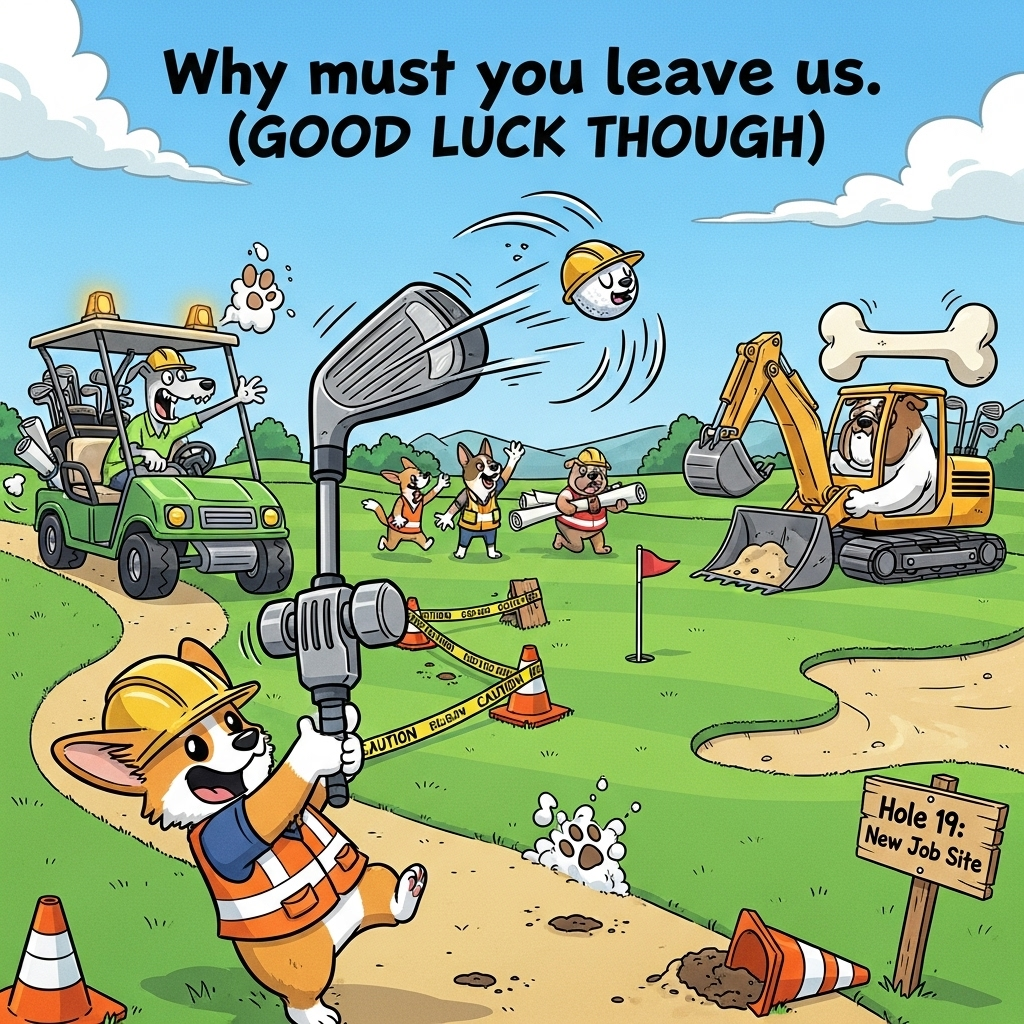 At the top of the Cartoon Style image, Why must you leave us. (GOOD LUCK THOUGH)

Playful cartoon scene with exaggerated proportions, thick outlines, bright saturated colors, and whimsical, energetic poses. A sunny golf course has been hilariously turned into a construction site run by dogs. Foreground: a corgi foreman in a neon safety vest and comically oversized hard hat mid-swing with a giant driver that doubles as a jackhammer, launching a golf ball wearing a tiny hard hat; big whooshy motion lines arc the ball toward the sky. To the right, a stout bulldog operates a mini excavator shaped like a bone, scooping a sand bunker; to the left, a lanky greyhound in a golf cart retrofitted with hazard lights, piled with clubs and tools, zooms off while waving goodbye with a goofy grin and wagging tail. Other pups in the midground wave, hold rolled blueprints, and set orange cones.

Visual gags: traffic cones as giant golf tees, caution tape loosely circling the green, a flagstick that looks like a measuring pole, paw-print divots on the fairway, a fluffy cloud subtly shaped like a paw. On a wooden site sign by the path, a single short line reads: "Hole 19: New Job Site". Punchy lime greens, sky blues, safety orange, and sunshine yellow; thick black outlines and bold cel shading. Dynamic, low-angle wide shot packed with energy and warmth, funny and celebratory.
Generated with these themes: Golf Construction Dog, and .
Made with ❤️ by AI.