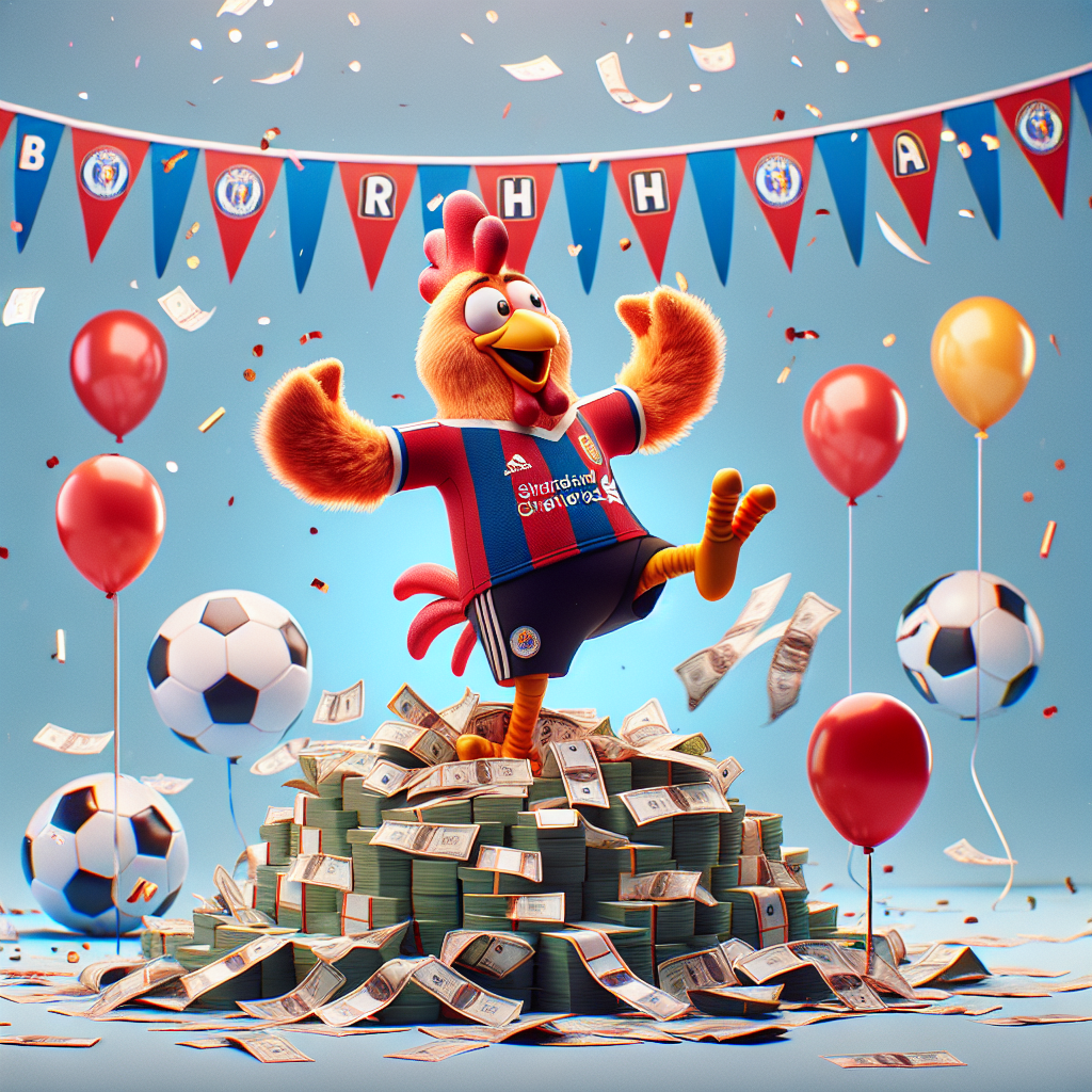 Create an image showcasing a humorous and festive birthday scene with sports-themed decorations to set the atmosphere. These decorations include banners and balloons representing a popular football club. Central to this scene is an amused, cartoon-like chicken, proudly donning a sports jersey and gleefully dancing atop a stockpile of money, signifying a prosperous celebratory night. It is showered by falling confetti, and a subtle twinkle in its eye hints at its fortunate evening, possibly suggesting a successful wager on a football match. 
Generated with these themes: Chelsea football club, Chicken, Night out, and Money.
Made with ❤️ by AI.