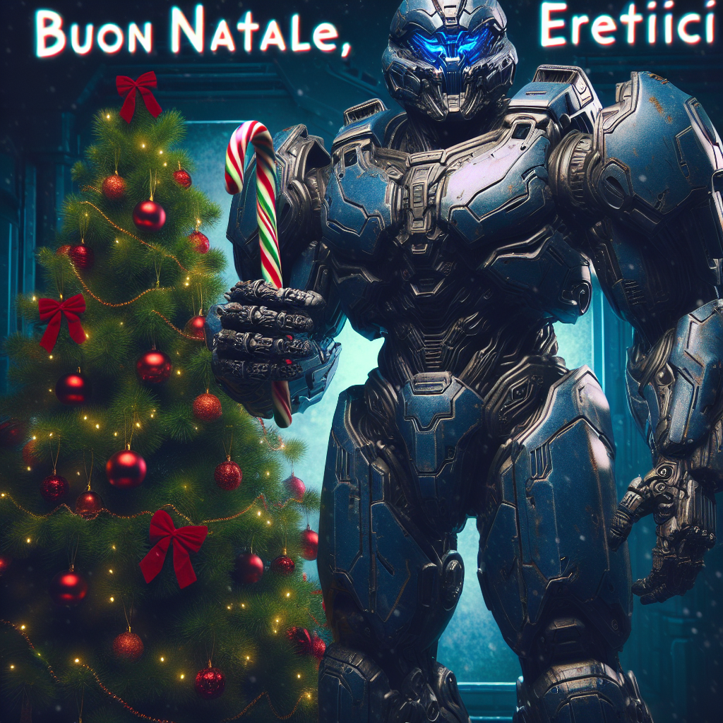 Warhammer 40k ultramarine saying "buon natale eretici" next to a christmas tree Christmas Card