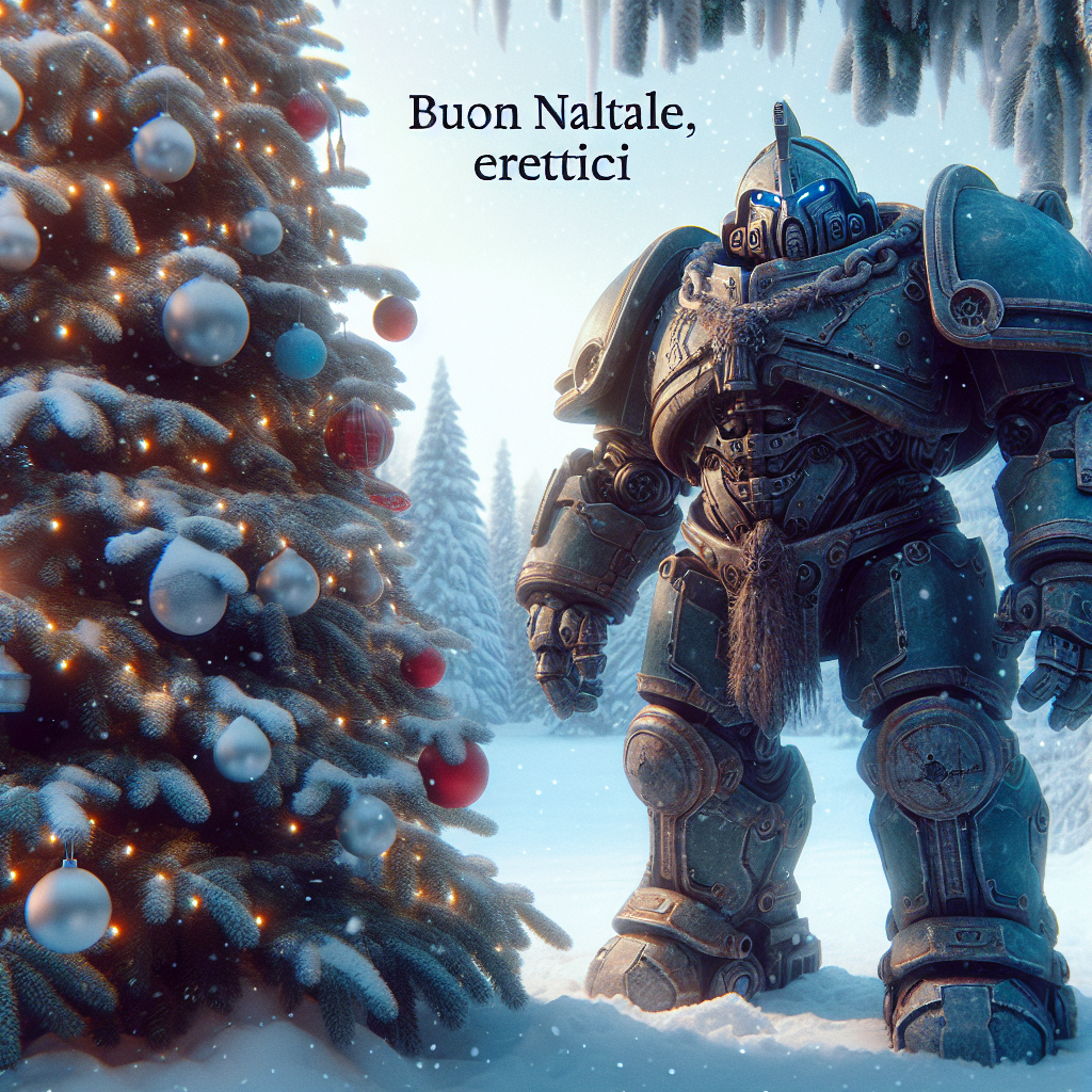 A whimsical yet lifelike scene unfolds as a Warhammer 40K Ultramarine stands proudly next to a lavishly decorated Christmas tree. In a deep, resonant voice that rumbles through the winter air, the imposing warrior wishes 'Buon Natale, eretici' to all those who dare approach, his power armor glinting with reflections from the twinkling tree lights.
Generated with these themes: warhammer 40k ultramarine saying "buon natale eretici" next to a christmas tree.
Made with ❤️ by AI.