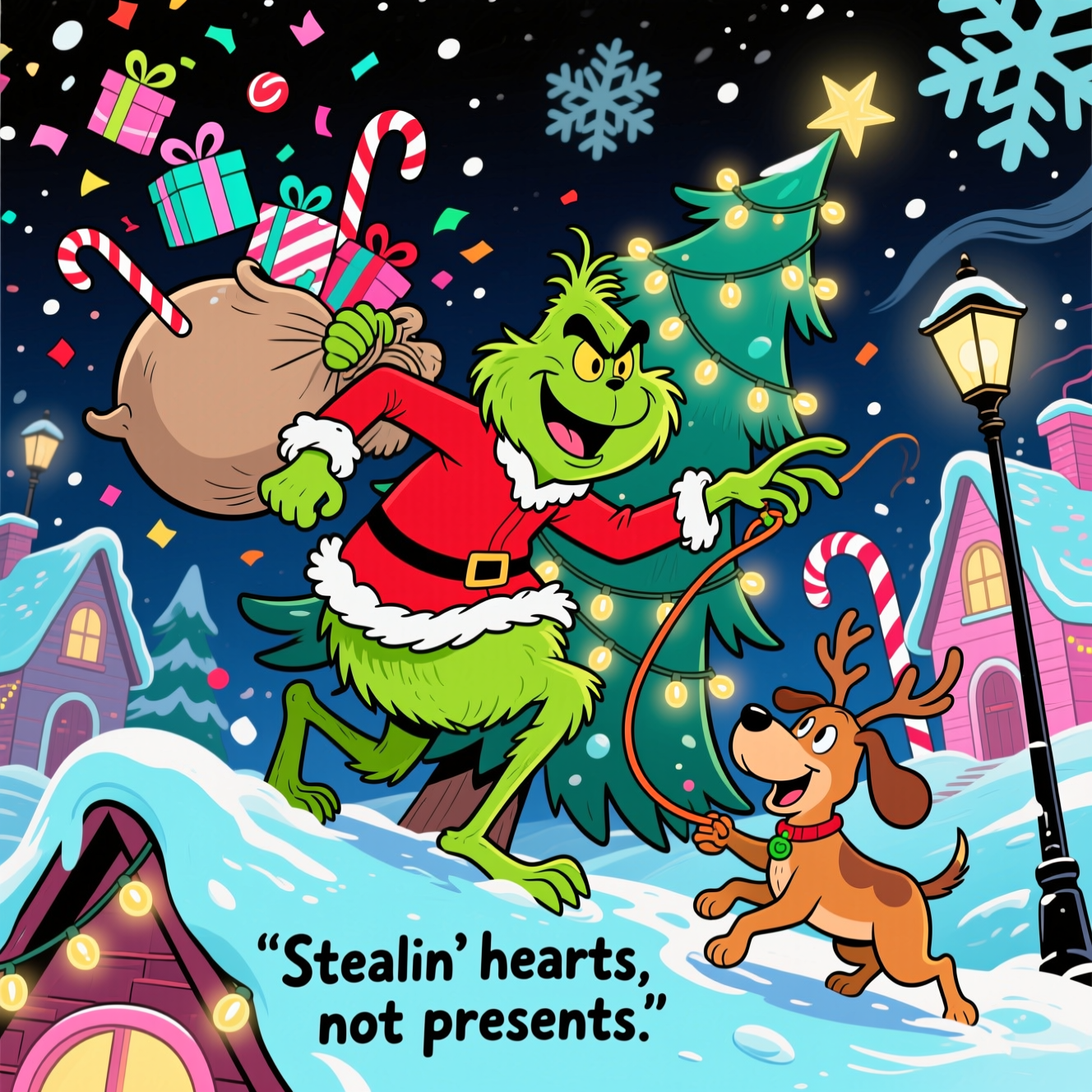 Playful, high-energy 2D cartoon with thick black outlines and candy-bright colors. Nighttime snow in Whoville: the Grinch—lime-green, shaggy, in a too-tight red Santa coat—mid-sneak across a roof, hilariously tangled in glowing Christmas lights like a walking tree. His huge mischievous grin and long fingers clutch a bulging sack that’s tipping, flinging candy-cane-striped gifts into the air like confetti. Max the dog, wearing one lopsided antler, cheerfully yanks the light cord, tail wagging. Curvy candy-cane houses and peppermint lampposts in the background, big swirling snowflakes, dynamic fisheye angle, bouncy poses, chunky shapes, glossy highlights on icy-blue snow. Palette: lime green, cherry red, icy cyan, peppermint pink, taffy teal, warm gold twinkle lights. Small, playful hand-lettered caption near the bottom: “Stealin’ hearts, not presents.”
Generated with these themes: The movie How the Grinch Stole Christmas, and .
Made with ❤️ by AI.