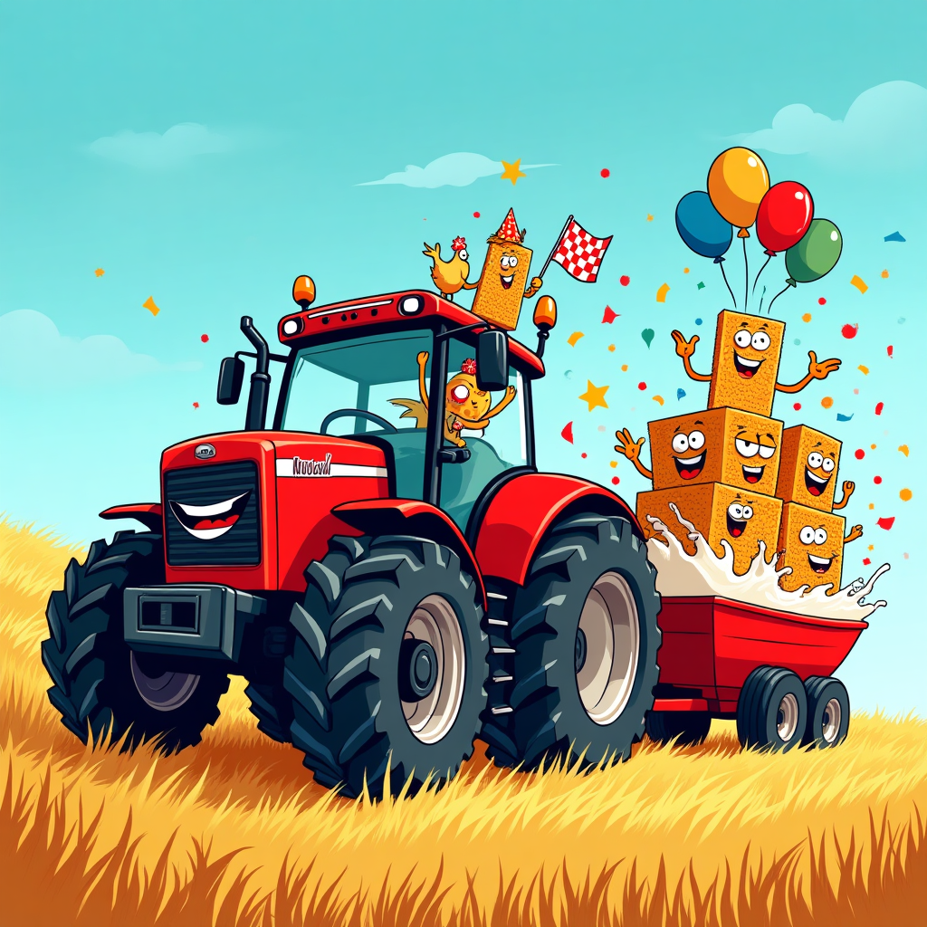At the top of the Cartoon Style image, "Happy birthday Jared"

A bright, funny cartoon farm scene with thick black outlines and bold, saturated colors: a huge, goofy red tractor with oversized, bouncy wheels and a smiling grill roars through a golden wheat field under a vivid blue sky. The tractor tows a trailer piled high with giant Weetabix biscuits stacked like hay bales. Several Weetabix are anthropomorphized with big eyes, arms, and party hats, striking energetic poses—one Weetabix surfs a splashy wave of milk in a giant cereal bowl, another waves a tiny checkered flag, another tosses fruit sprinkles like confetti. Colorful bunting and balloons stream from the tractor; motion lines, milk splashes, and dust puffs add slapstick energy. Playful, whimsical, exaggerated proportions; cheerful lighting; comedic farm details (a chicken in a party hat clinging to the hood).

At the bottom in a small curved banner, "Grain + gears = birthday cheers!"
Generated with these themes: Weetabix, tractors, and .
Made with ❤️ by AI.