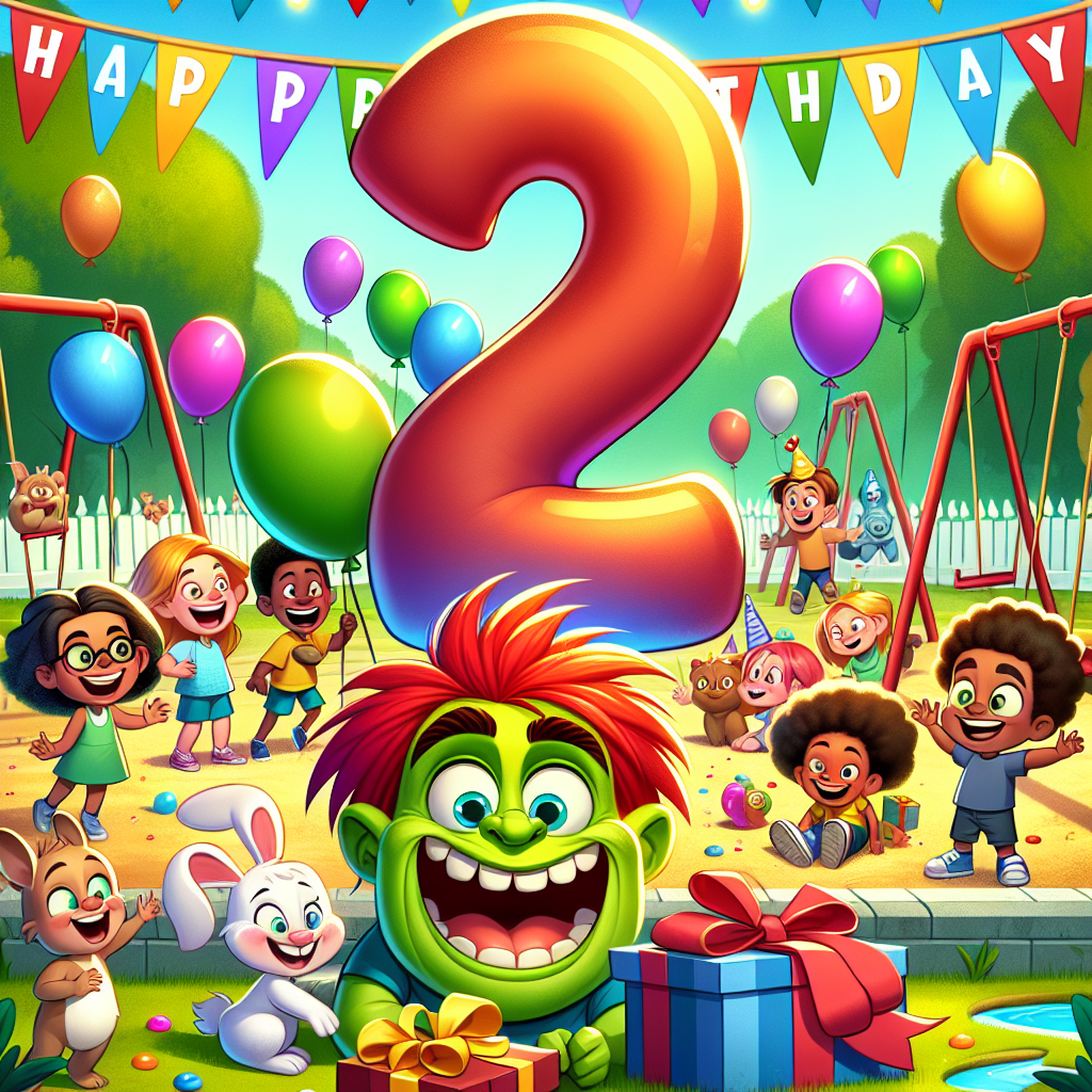 In a lively cartoon birthday scene set in an animated park full of fun, a number '2' balloon, vibrant and colorful, floats above. Excitement builds around a cartoon character with bright red hair, beaming with joy as a generic green ogre figure, intended to evoke laughter, suddenly emerges from a gift box. 'Happy Birthday' banners flutter in the breeze above playful bunnies merrily hopping around puddles near the swings. Several children, of varying descents including Caucasian, Hispanic, South Asian, and Black, each clutching their unique favorite toys, cheer on in this joyous commemoration.
Generated with these themes: 2 today, Redhair, Park, Puddles, Toys, Shrek, Swings, Happy Birthday!, and Rabbits.
Made with ❤️ by AI.