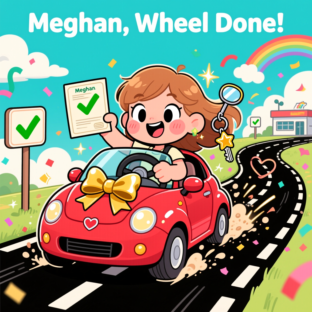 New car , Passing driving test , Female driver , Roads, Light brown haired female, and Congratulations Card