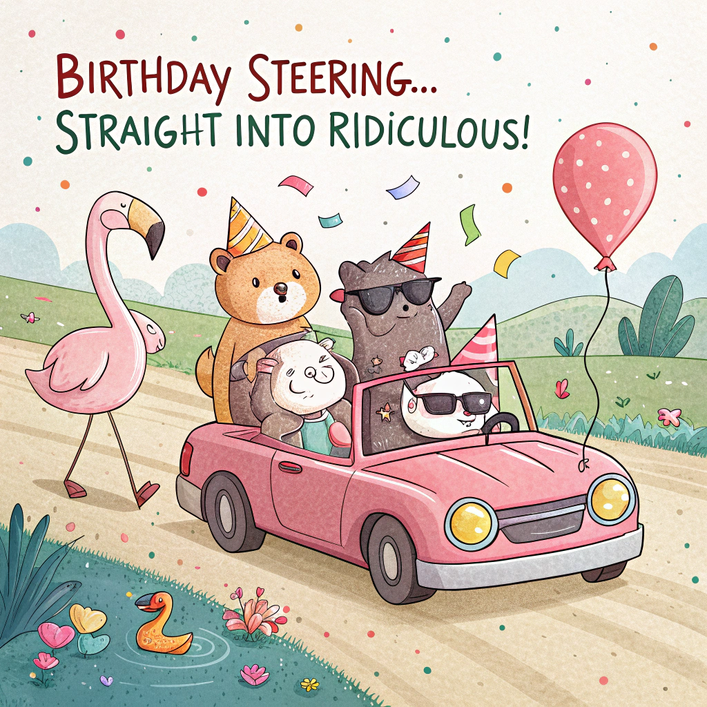At the top of the image, "Birthday steering... straight into ridiculous!"

– Illustrate a humorous cartoon scene of a group of cheerful animals (like a moose, a flamingo, and a raccoon) crammed into a tiny, open-top birthday car shaped like a cake, clearly “tipsy” after too much party punch — all wearing party hats askew, holding sloshing glasses, and veering off the road... but only slightly, into a giant inflatable flamingo pool toy.

– Confetti is flying, a balloon escapes the car’s trunk, and one animal is accidentally using a party horn as a GPS.

At the bottom of the image, add the caption: "Drive responsibly… unless it's your birthday — then just make sure someone else is!"
Generated with these themes: drunk drivers.
Made with ❤️ by AI.