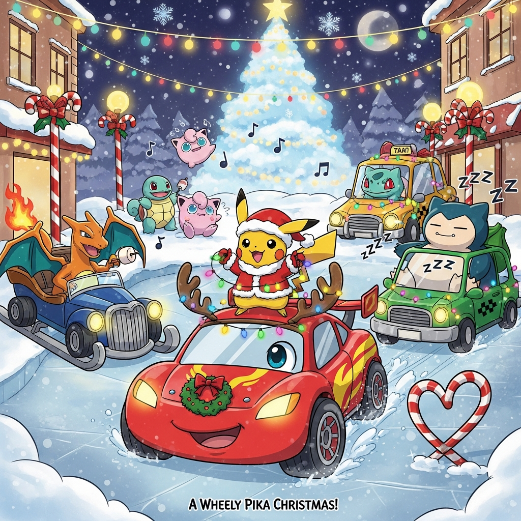 Funny Christmas cartoon scene, full-bleed vertical. Playful chibi proportions, thick black outlines, bright saturated colors, energetic poses. A snowy, twinkling main street at night with a giant glowing tree and candy-cane lampposts. Foreground: a chunky, smiling red cartoon race car with big expressive eyes, wearing plush reindeer antlers and a glowing red nose, drifting on ice and kicking up sparkly snow; candy-cane tire tracks curl into a heart. Pikachu in a tiny Santa coat, scarf, and mittens stands confidently on the hood, lassoing multicolor fairy lights around the car’s side mirrors; a Poké Ball–style wreath hangs on the grille. Left side: Charizard in a blue hot-rod sleigh-car hybrid, puffing a little flame to toast a marshmallow on a stick; the tail flame glows warm against the cool snow. Right side: Snorlax hilariously wedged into a tiny green compact car with a roof bow, snoozing with “Zzz” floating bubbles while the suspension sags. Background: Jigglypuff and Squirtle “car-oling” beside a taxi wrapped in lights; Bulbasaur happily wraps a bumper with ribbon. Snowflakes whirl, musical notes float, motion lines and glittery highlights add bounce. Cozy warm string lights contrast with cool moonlit snow; soft bloom, crisp cel shading.

Small, hand-lettered candy-cane caption at bottom center: “A Wheely Pika Christmas!”
Generated with these themes: Pokeamon, Cars, and .
Made with ❤️ by AI.