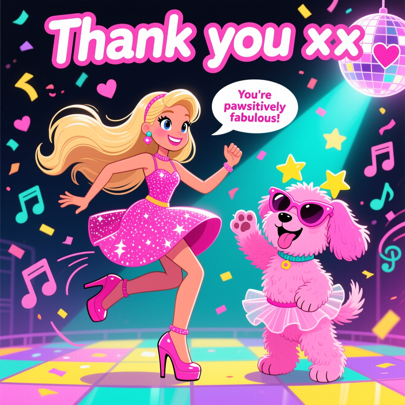 At the top of the Cartoon Style image, Thank you xx

Playful, funny, image-first scene in bright, saturated colors with thick outlines and exaggerated proportions: a Barbie-inspired fashion doll (long flowing blonde hair, sparkly hot-pink twirl dress, towering heels) mid-spin on a disco dance floor, dancing with a bouncy bright-pink fluffy dog on its hind legs. The pink dog wears star-shaped sunglasses and a tiny tutu, tongue out, paws up, matching the doll’s energetic pose. Add swooshing motion lines, confetti bursts, musical notes, and a shimmering disco ball casting heart- and star-shaped light beams. Candy palette: hot pinks, bubblegum pink, electric teal, lemon yellow, and lilac accents. Cel-shaded surfaces with glossy highlights; whimsical proportions (big eyes, big smiles, chonky paws) and bold, clean, thick outlines.

Small extra text for humor: a speech bubble from the pink dog that reads: "You're pawsitively fabulous!"

Render the top text “Thank you xx” in playful bubble letters, white with a hot-pink outline, small enough not to overpower the image. Keep composition full-bleed, portrait, vibrant and cheeky; no other text or logos.
Generated with these themes: Barbie dancing pink dog, and .
Made with ❤️ by AI.