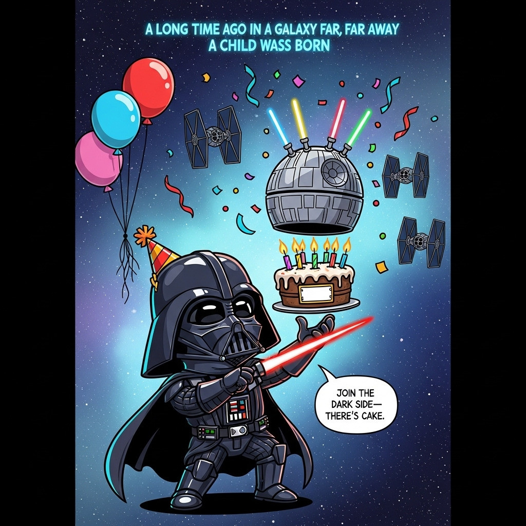 Full-bleed vertical cartoon illustration, playful and exaggerated with thick black outlines and bright saturated colors: a starry space backdrop with a soft blue-purple nebula; at the very top, small centered text in glowing electric-blue, Star Wars–style crawl font reads: “A LONG TIME AGO IN A GALAXY FAR, FAR AWAY A CHILD WAS BORN”. Center stage: a big-headed, chibi Darth Vader in glossy black armor and a tiny party hat, cape swooshing, using the Force to levitate a Death Star–shaped birthday cake with colorful lightsaber candles; confetti and streamers swirl, TIE-fighter balloons bob in the background. Add a tiny white speech bubble from Vader with one cheeky line: “Join the dark side—there’s cake.” Energetic, whimsical vibe with cyan/magenta rim lighting; leave a small blank icing plaque on the cake for a name (no text).
Generated with these themes: STAR WARS, DARTH VADAR, and .
Made with ❤️ by AI.