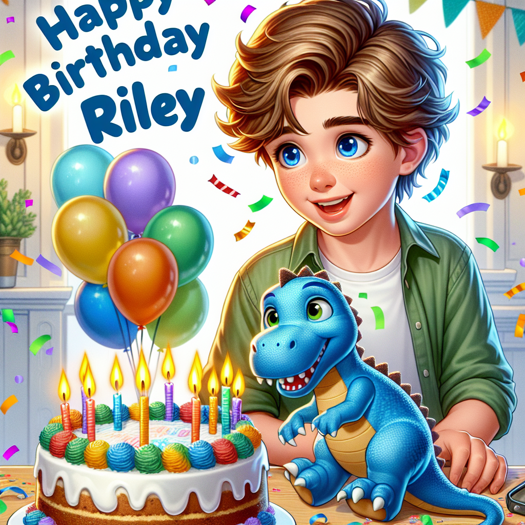 Illustrate a sentimental birthday scene featuring a young Caucasian boy named Riley, who has beautiful blue eyes and wavy brown hair. Riley is cheerfully playing with a friendly blue dinosaur toy by his side. They are both surrounded by a flurry of confetti in various colors, indicating a celebration. A luscious birthday cake, adorned with brightly lit candles, sits in the foreground, attracting attention. Drifting around the two characters are a variety of balloons, adding to the festive atmosphere. Above all, the words 'Happy Birthday Riley' are inscribed in a playful yet bold manner, utilizing vibrant colors to stand out against the scene.
Generated with these themes: Riley , Dinosaur , Blue eyes , Brown hair , and Boy .
Made with ❤️ by AI.
