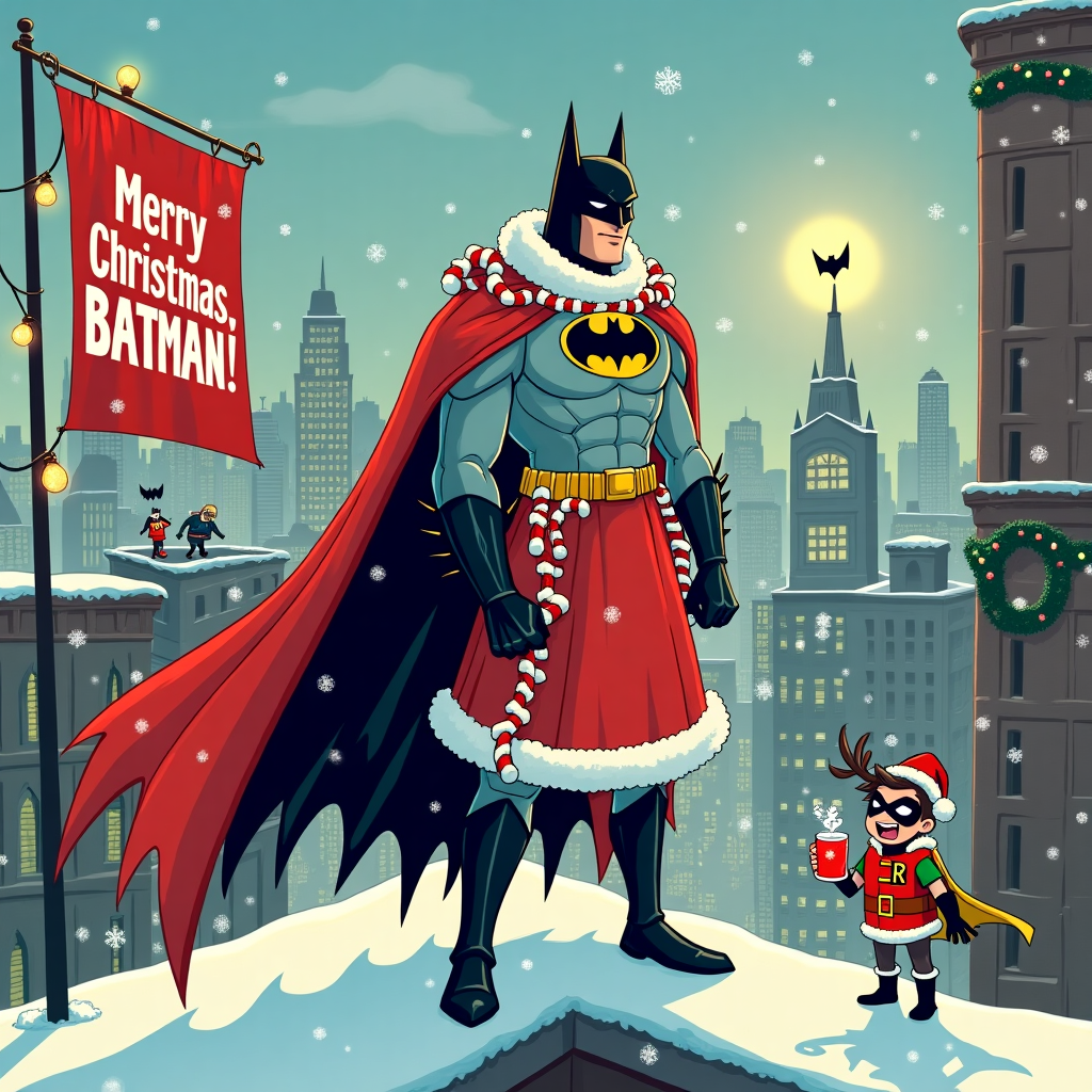 In a whimsical winter wonderland, imagine a bustling cityscape with snowflakes falling gently over Gotham City. In the foreground, there's Batman, but with a festive twist—he's wearing a bright red Christmas dress adorned with white fluffy trim. His cape has been humorously transformed into a cascading holiday garland, twinkling with tiny LED lights. Batman stands atop a rooftop, heroically poised, yet comically juxtaposed against the jolly attire. His utility belt has been creatively adapted to hold candy canes and ornaments, jingling with each step.

To the left, there's a giant candy-striped banner, flapping merrily in the crisp winter breeze. It reads "Merry Christmas, Batman!" in bold, cheerful letters, playfully incorporating his name into the festive scene. The backdrop features Gotham's iconic skyline, with towering skyscrapers decorated with oversized wreaths and strings of colorful lights. Below, in the streets, costumed Gothamites hustle about, some carrying oversized presents, others wearing reindeer antlers or Santa hats.

In the background, the Bat-Signal shines brightly, but instead of the traditional bat silhouette, it casts the shape of a jolly Santa hat into the sky. Nearby, Robin is depicted on a lower rooftop, laughing and pointing at Batman's unusual attire while holding a mug of hot cocoa, steam rising into the crisp air. This scene, a delightful homage to the season, combines the playful charm of a Charles Schulz cartoon with the detail-oriented narrative style of Bill Watterson, all while maintaining the superhero mystique of Gotham's favorite vigilante.
Generated with these themes: batman wearing a christmas dress.
Made with ❤️ by AI.