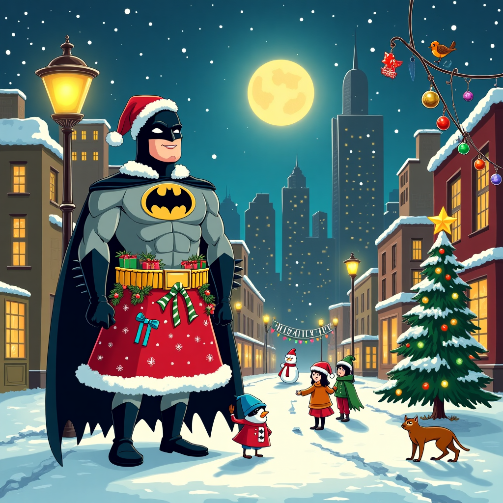 On the front of the Christmas greetings card, set the scene in the snowy, bustling streets of Gotham City, whimsically reimagined in a playful cartoon style. The snowflakes fall like soft cotton balls from the night sky, which is dotted with twinkling stars and a full moon that casts a warm, golden glow over the scene. In the center of the card, a rather unusual Batman takes the spotlight. Instead of his usual dark and brooding costume, Batman is clad in a bright, festive red Christmas dress adorned with white fur trim and sparkly snowflake patterns, complete with a matching Santa hat perched slightly askew on his head. His utility belt, still firmly around his waist, is humorously overloaded with candy canes, tiny gift boxes, and tinsel.

Surrounding Batman are Gotham's most famous buildings, their rooftops frosted with snow, and their windows aglow with the warm light of holiday festivities. Perched atop a lamp post, a trio of cartoon-style robins are serenading him with carols, each with a tiny Santa hat on its head. In the background, the Bat-Signal shines brilliantly against the sky, but instead of the traditional bat emblem, it displays the word "BATMAN" in large, festive, twinkling letters, as if written by a playful elf with a flair for the dramatic.

To the right of Batman, a group of cheerful children build a snowman, giving it a cape and a mask, as if it’s a miniature version of their Christmas-themed hero. Alongside, a mischievous cat dangles from a string of colorful holiday lights that stretch from one building to another, reminiscent of a scene you might find in Calvin and Hobbes or The Far Side. A classic Christmas tree stands proudly on the sidewalk, its branches heavy with oversized ornaments and a bright star on top.

This card captures the joy of the holidays in a scene filled with humor and charm, with Batman at its heart, embracing the Christmas spirit in the quirkiest way possible.
Generated with these themes: batman wearing a christmas dress.
Made with ❤️ by AI.