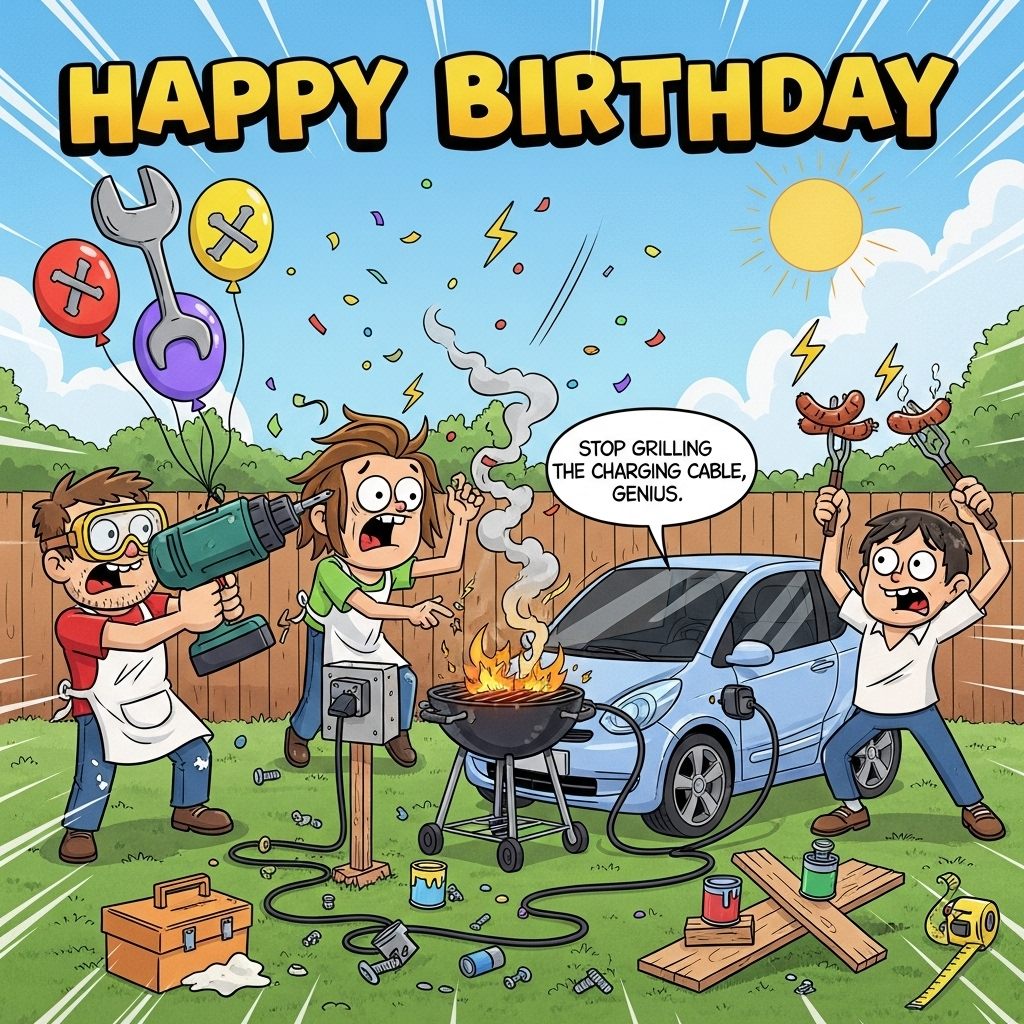 At the top of the Cartoon Style image, Happy Birthday

Playful, bold cartoon scene in a sunny backyard: exaggerated, big-headed characters with thick black outlines and bright, saturated colors. Center stage, a shiny compact electric car sits beside a smoking BBQ grill. In chaotic slapstick fashion, the EV’s charging cable is accidentally plugged into the grill, throwing off tiny cartoon sparks and sizzling smoke. One character in safety goggles and a flour-dusted apron wields an absurdly oversized cordless drill, “DIY-ing” a makeshift charging station out of grill parts, wood, and random bolts; another character frantically flips charred, lightning-bolt-shaped sausages with tongs, hair frizzed and eyes wide. Tangled extension cords loop around a toppled toolbox, scattered screws, a crooked plank balanced on paint cans, and a measuring tape whipping through the air. Balloons shaped like tools and tiny lightning bolts float around, confetti drifting, motion lines and dynamic angles amplify the chaotic, rude mood.

Render the top text in chunky bubble letters with a thick outline and subtle wobble, matching the playful cartoon energy. Add one small cheeky caption as a speech bubble near the electric car: “Stop grilling the charging cable, genius.” Keep the rest image-first: bold colors (tomato reds, zesty oranges, cobalt blues, lime greens, sunny yellows), clean cel shading, energetic poses, and expressive faces. No other text.
Generated with these themes: BBQ, DIY, ELECTRIC CARS, and .
Made with ❤️ by AI.