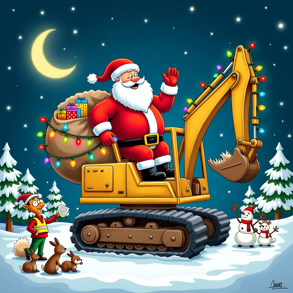 In the foreground of this quirky and hilarious Christmas scene, picture a charming, oversized digger festooned with bright, multicolored Christmas lights that wrap around its boom and arm like a sparkling garland. Perched comically in the digger's bucket is a jolly, rotund Santa Claus, who is merrily waving to the viewer. His red suit is speckled with a fine dusting of snow, and his sack of toys spills over the edges of the bucket, teetering with brightly wrapped gifts. Behind Santa, the digger's operator, an elf in a high-visibility vest and a Santa hat, is humorously puzzled, looking at a map upside down. Around the base of the digger, various woodland creatures—rabbits, a curious raccoon, and a bemused deer—peer up at Santa with wide-eyed wonder. The background is a whimsical winter wonderland, with snow-covered trees shaped like candy canes, a snowman family waving happily, and a crescent moon peeking cheekily from a night sky peppered with twinkling stars. To add a touch of cartoon magic, flying overhead are reindeer, led by an exuberant Rudolph, who appears to be giggling at Santa's modern sleigh substitute. This scene cleverly incorporates the digger in a playful holiday twist, reminiscent of the vibrant storytelling seen in Peanuts and Calvin and Hobbes, with a splash of the imaginative whimsy from Little Nemo in Slumberland.
Generated with these themes: Digger.
Made with ❤️ by AI.