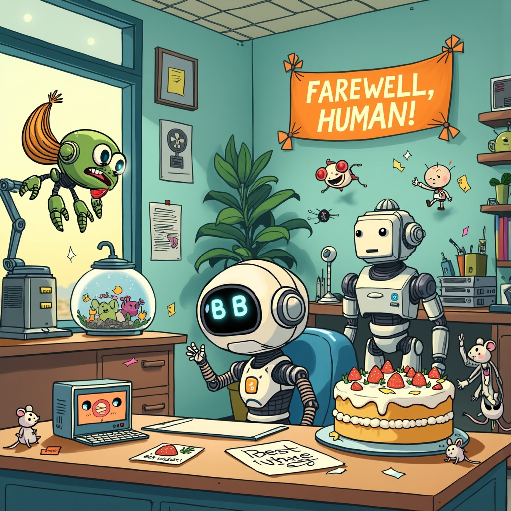 The scene takes place in a bustling, futuristic office space filled with whimsical, cartoonish characters and AI-driven gadgets. At the center is a quirky character, an amalgamation of Charles Schulz's lovable simplicity and Bill Watterson's imaginative spirit, named Byte the Bot. Byte is a small, retro-futuristic robot with expressive eyes that show emotion through LED patterns, and he is waving goodbye with a mechanical arm.

In the background, a holographic banner reads "Farewell, Human!" in a playful font reminiscent of Gary Larson's offbeat humor. The office is filled with various AI characters, each inspired by a different artistic influence. There’s an Astro Boy-like robot with spiky hair and a jetpack, hovering near the ceiling, looking both nostalgic and futuristic. Near him is a large, anthropomorphic computer with a face like one of Will Eisner's characters, showing a mix of affection and sadness.

To the right, a R. Crumb-style character with exaggerated features, holding a stack of punch cards, is engaging in a conversation with a sleek, minimalist robot inspired by Hergé's Tintin, who is handing over a digital clipboard. Art Spiegelman's influence is seen in the background characters, designed with meticulous detail, adding depth to the scene. Winsor McCay’s touch is evident in the dreamlike, almost surreal office decorations, including floating, AI-driven fish tanks and plants that have robotic elements.

In the foreground, a large, colorful cake designed in the shape of a microchip sits on a table, with an icing that spells out "Bon Voyage!" Tiny, mischievous AI mice inspired by Disney's charm are nibbling at the cake's edges. The scene is filled with playful details: a Roomba-like robot vacuum cleaner with a face vacuuming confetti, and an AI printer spitting out "Best Wishes!" cards with each printout showing a different classic cartoon farewell scene.

Overall, the farewell scene is a lively blend of nostalgic elements and futuristic whimsy, making it a perfect farewell tribute to someone departing from a tech-savvy, AI-driven world.
Generated with these themes: AI.
Made with ❤️ by AI.