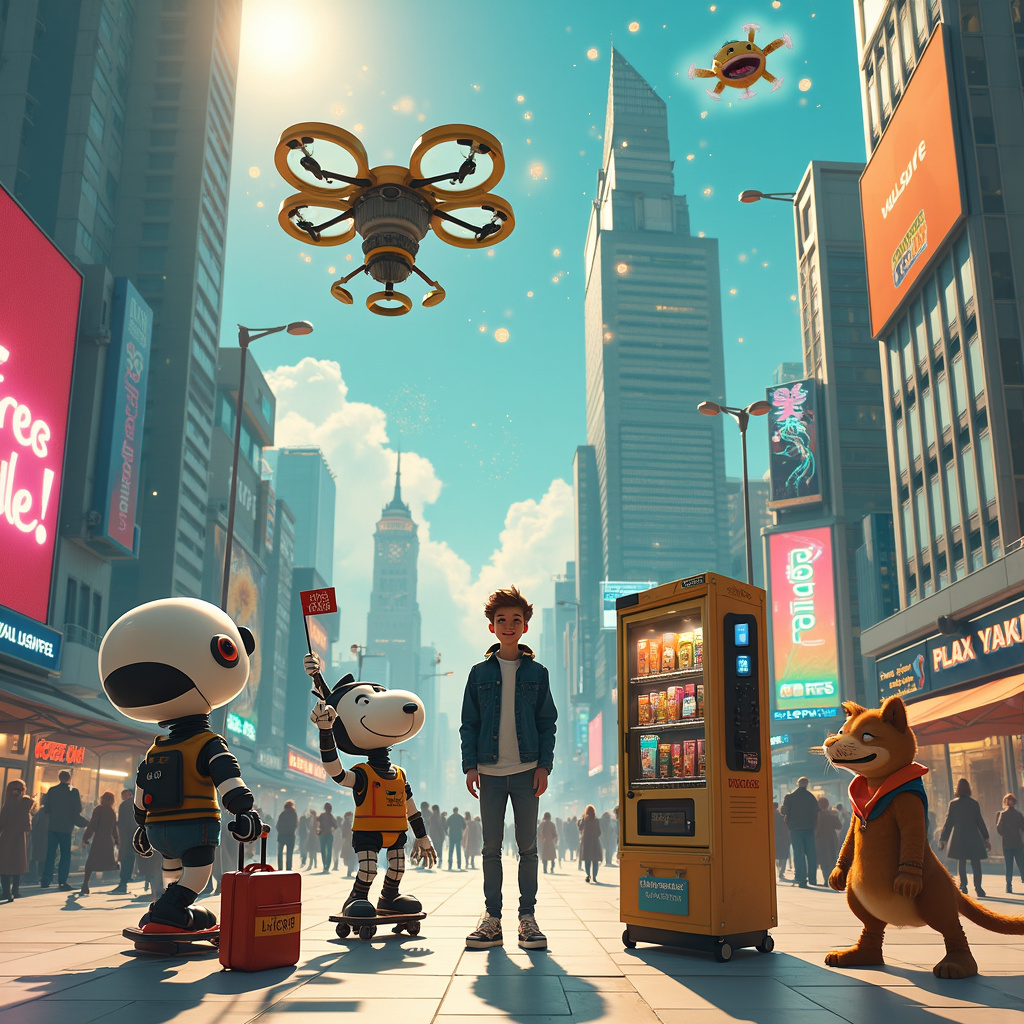 In a bustling futuristic cityscape filled with towering skyscrapers and holographic advertisements, our scene opens in the center of a grand plaza where a small group of quirky AI characters are gathered to bid farewell to their human friend. The city is a mix of sleek, ultra-modern architecture and whimsical elements reminiscent of classic comic strip environments.

Standing at the center is the human protagonist, dressed in casual attire, holding a small suitcase with a bright "Bon Voyage" sticker on it. To his left is a humanoid robot with a friendly, expressive face that looks like it was designed by a cross between Walt Disney and Osamu Tezuka, with big, round eyes and a warm, metallic smile. The robot is handing the human a glowing, futuristic map, its robotic arm extending like a Swiss Army knife.

On the right, we see an AI cat floating on a small hoverboard, a nod to Charles Schulz's beloved Snoopy but with a sci-fi twist. The cat wears VR goggles and is waving a tiny flag that says "Good Luck!" with its tail, which is part digital hologram.

In the background, there's a smart vending machine designed with a face and arms, reminiscent of a character from Gary Larson's The Far Side, dispensing farewell gifts: digital postcards, glowing gadgets, and a tiny plant in a levitating pot.

High above, a gigantic drone with a design that could be right out of Hergé's Tintin, complete with a smiling face and expressive eyes, is skywriting "Farewell!" in bright, neon letters that sparkle and shimmer as if made of pixel dust.

On the ground, a group of AI drones—one resembling a Calvin and Hobbes-style cardboard box spaceship—are setting off mini fireworks that light up the plaza with colorful, pixelated bursts, while another drone, looking like a R. Crumb character, plays a jaunty tune on an old-fashioned accordion, complete with comic-style musical notes floating around.

In the corner of the plaza, an AI with the detailed, noir aesthetic of Will Eisner's The Spirit is handing out farewell cupcakes from a sleek, retro-futuristic food cart, each cupcake topped with a tiny, animated face that waves goodbye.

Finally, the entire scene is bordered by an intricate, dreamlike frame inspired by Winsor McCay's Little Nemo in Slumberland, filled with whimsical, surreal details like floating clock gears and tiny robotic creatures peeking out from the edges.

This visually rich, storytelling scene blends futuristic technology with classic cartoon charm, creating a unique, memorable farewell moment that pays homage to the legacy of the artists who inspired it.
Generated with these themes: AI.
Made with ❤️ by AI.