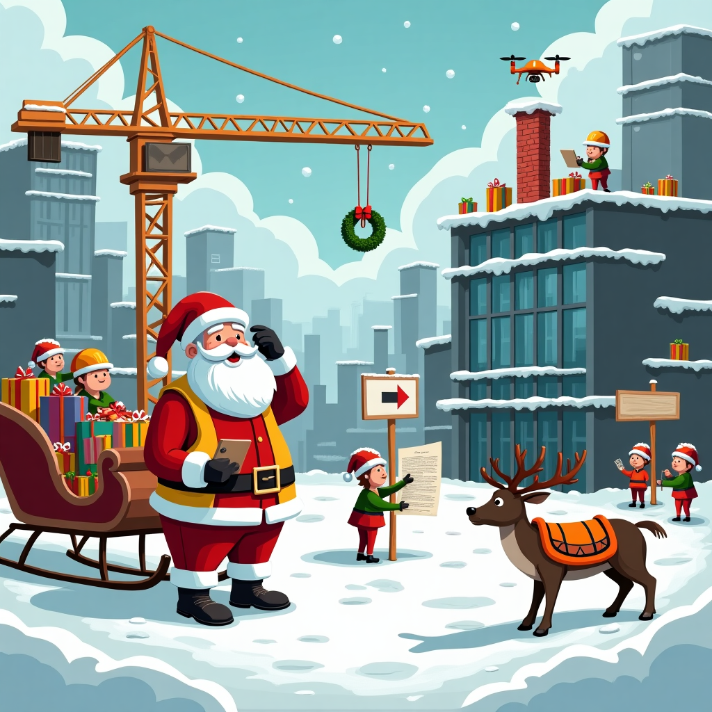 Santa claus on a building site in the snow trying to find a chimney Christmas Card