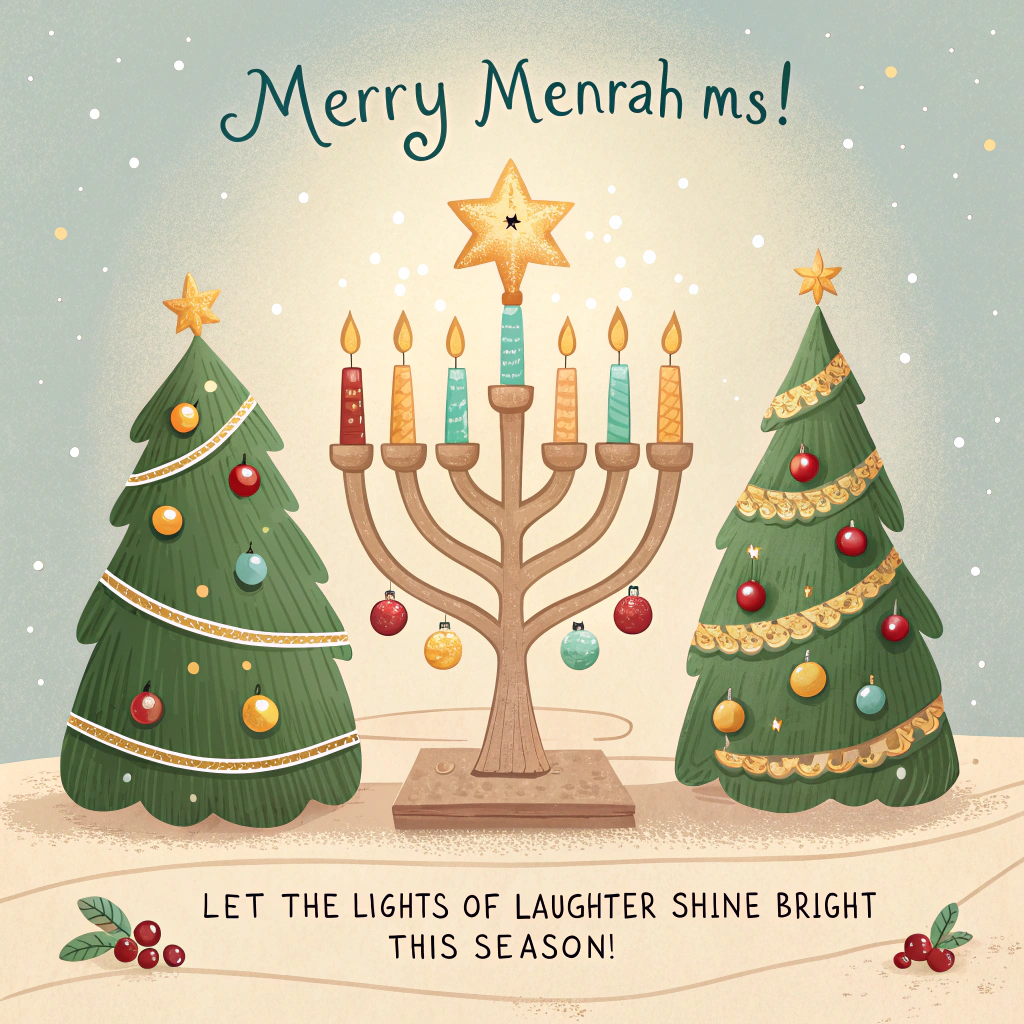 At the top of the image, "Merry Menorah-mas!":

At the bottom of the image, "Let the Lights of Laughter Shine Bright This Season!"

- In the center of the image, illustrate a whimsical scene of a menorah with each candle playfully styled as a miniature Christmas tree, complete with tiny ornaments and a sparkling star on top. The menorah itself is smiling warmly, surrounded by a soft, twinkling glow that hints at both holiday traditions coming together.
Generated with these themes: Menorah, and .
Made with ❤️ by AI.