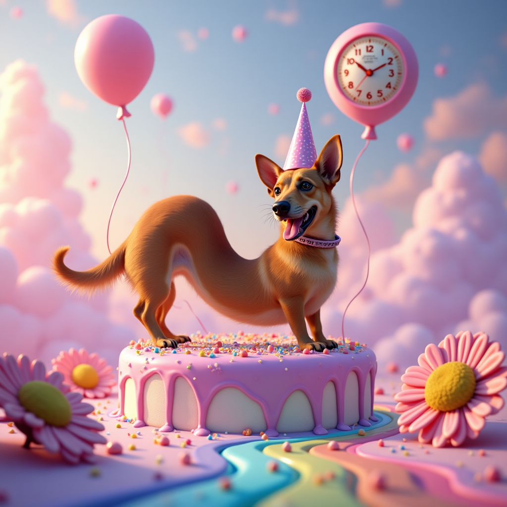 At the top of the Surreal Style image, write in whimsical, candy-colored swirling letters: **Happy Birthday Clair**.  

A dreamlike, surreal birthday scene where a long, caramel-brown dachshund’s body twists and loops into a Möbius strip that morphs into the golden fur of a gentle, oversized German Shepherd whose head emerges from a floating, pastel cloud. They are balancing on a giant, melting birthday cake that drips into a lavender sky. Floating balloons shaped like tiny moons drift upward, while enormous daisies with clock faces for centers sway in the background. The ground is a shimmering rainbow river, with sprinkles floating across its surface. Ethereal, soft light beams in from impossible angles, casting a warm, magical glow over the whole scene. The dachshund’s tail turns into a curling ribbon, and the German Shepherd wears a party hat that bends and melts like taffy.  
Generated with these themes: Dashaund & German Shepherd , and .
Made with ❤️ by AI.