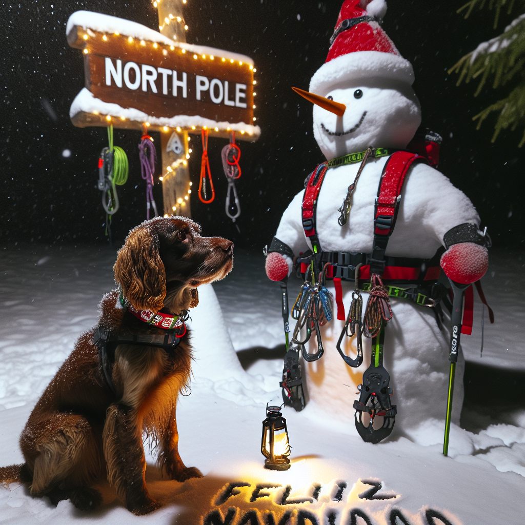 A serene night-time Christmas scene unfolds with a gentle snowfall embracing the North Pole. In the foreground, a brown spaniel wearing a festive red collar stands attentively, gazing up at a towering snowman adorned with a rock climbing harness and crampons, magnifying the adventurous spirit of the holiday. Behind them, the illustrious North Pole sign is embellished with climbing ropes and carabiners. 'Feliz Navidad' is written in the snow at their feet, illuminated by the soft glow of lantern light.
Generated with these themes: Brown spaniel, Rock climbing, Snowman, and North pole.
Made with ❤️ by AI.