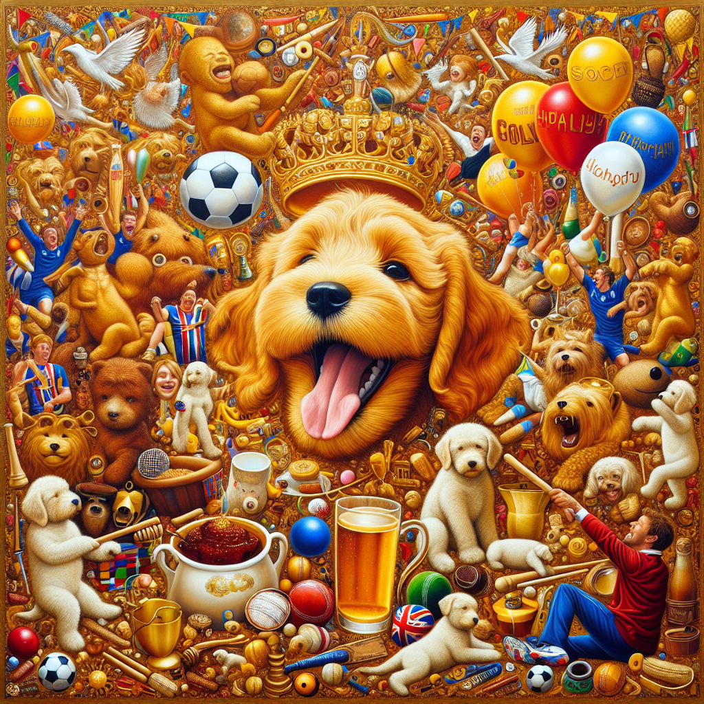 Gold cockapoo puppy with tongue out, England soccer, Cricket, Baby walrus, and Winnie the Pooh Birthday Card