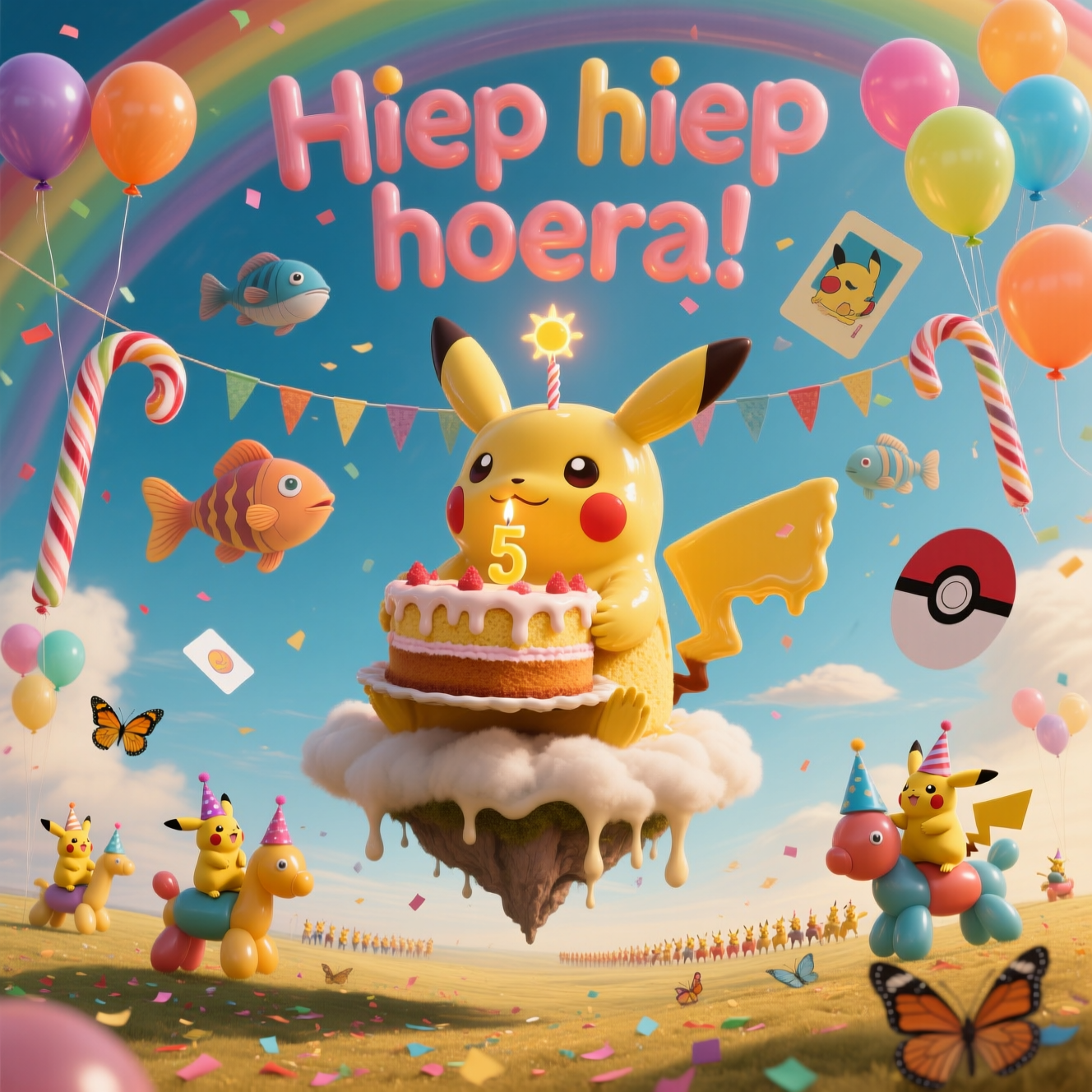 At the top of the Surreal Style image, write in playful, floating balloon-like letters: **Hiep hiep hoera!**  

A dreamlike, funny, surreal birthday scene where a giant, melted Pikachu made of sponge cake sits atop a floating island of frosting clouds, holding a huge dripping birthday taart with the number "5" candle glowing like a tiny sun. The sky is filled with rainbow-coloured ballonnen that morph into strange fish-shaped creatures, swimming lazily through the air. Party versiering made of twisting candy canes and oversized Pokémon cards dangle from invisible strings. In the distance, an endless parade of miniature Pikachus ride on balloon animals shaped like other Pokémon, all wearing tiny party hats. The ground is sprinkled with confetti that occasionally turns into butterflies and flutters away. Soft, golden, dreamlike lighting bathes everything in an otherworldly glow, with shadows that bend in impossible directions, evoking a Dali-inspired surreal celebration.
Generated with these themes: Pokemon, Pikachu, Ballonnen , Taart, 5 jaar, Versiering, Feest, and .
Made with ❤️ by AI.