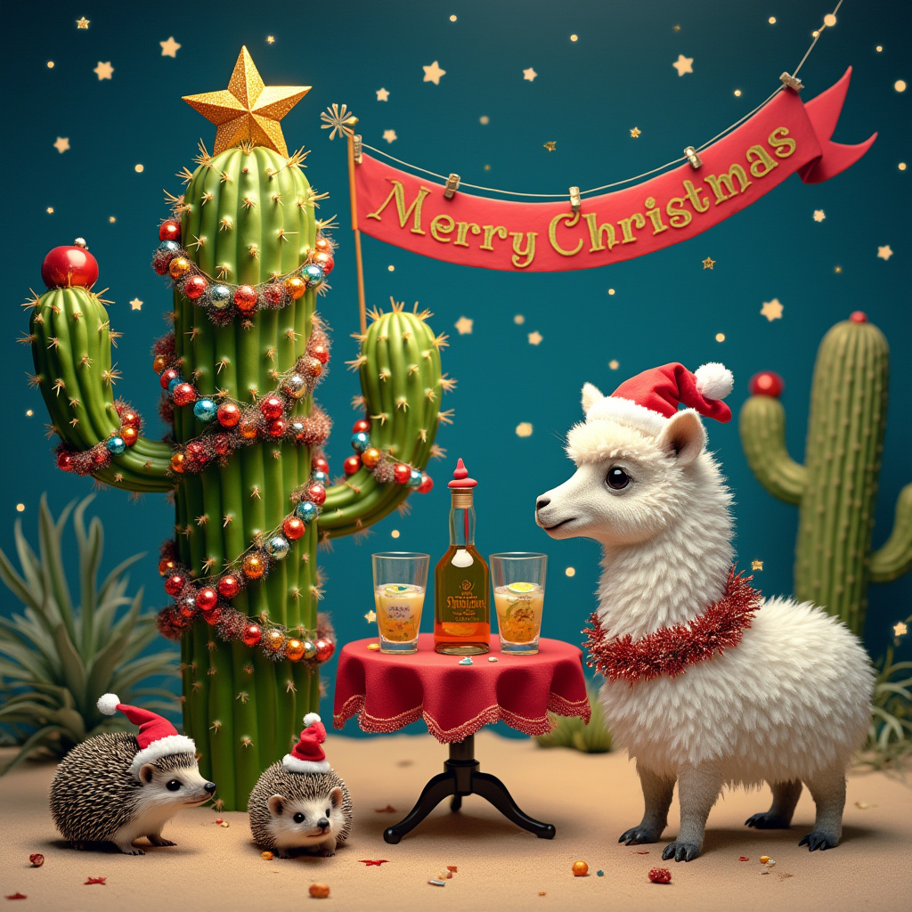 In the whimsical desert wonderland, an enchanting Christmas scene unfolds under a sky speckled with twinkling stars. At the center, a stout, cheerful cactus stands proudly, its arms draped in shimmering red and gold tinsel, with vibrant, sparkling baubles dangling from every prickle like oversized, glimmering pearls. The cactus is topped with a star made from twisted, recycled tin foil, reflecting the light with a silvery gleam. At its base, a merry band of hedgehogs, their spines adorned with tiny, twinkling lights, gather in a joyful circle. Each hedgehog wears a tiny red Santa hat that matches their rosy cheeks, nibbling on festive treats scattered across the sand.

Beside the cactus, a llama with a fluffy white coat resembling fresh snow stands majestically. Its long neck is draped in a garland of tinsel, which twinkles as it catches the light, and its head is topped with a jaunty Santa hat that tilts slightly to one side. The llama’s eyes sparkle with mischief as it balances a round, colorful bauble on its nose, performing a playful balancing act. 

To the right, a small wooden table is set up, covered with a bright red cloth edged with white fluffy trim, reminiscent of Santa’s suit. On the table rests an exquisite crystal bottle of tequila, catching the moonlight in a cascade of reflective patterns, and two finely crafted shot glasses, each featuring a snowflake etched into the glass. A slice of lime sits on the rim of each glass, adding a zesty pop of color.

Above this merry tableau, strung between two towering cacti, hangs a vibrant banner fluttering gently in the night breeze. It reads "Merry Christmas Paul & Debbie" in bold, glittering letters, with snowflakes delicately painted along its edges, inviting a personal touch to this festive celebration in a desert wonderland.
Generated with these themes: Hedgehogs , Llamas wearing Santa hats, baubles and tinsel, Cactus decorated like Christmas tree , Tequila , and Christmas scene with Merry Christmas Paul & Debbie banner .
Made with ❤️ by AI.