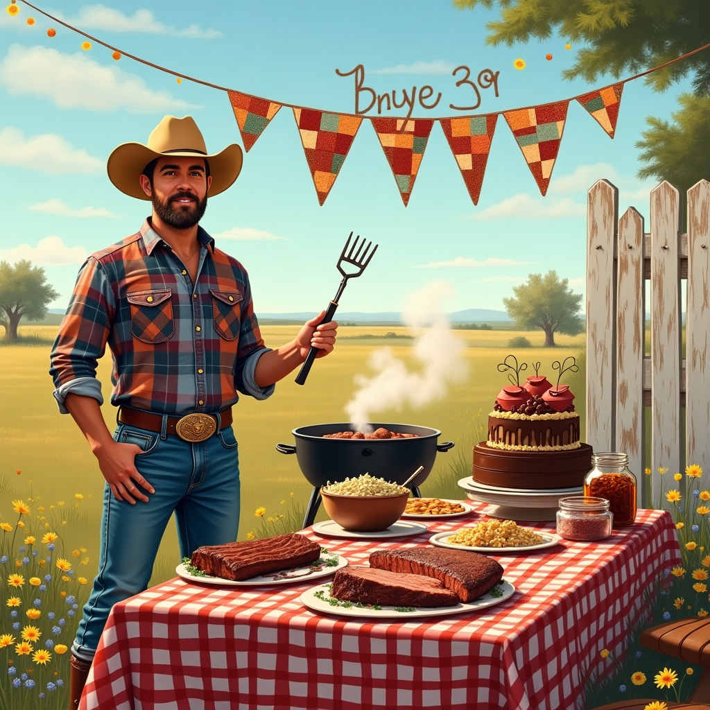 Front and center of the card, imagine a sun-drenched Texas BBQ pit, captured with the precision of a high-resolution photograph. The background features a clear blue sky that fades into a warm golden hue near the horizon, suggesting a late afternoon setting. To the right, an old wooden fence painted white and adorned with scattered wildflowers—yellow daisies and bluebonnets—frames the scene.

In the middle, a long, rustic wooden table, the rich brown grains of the wood contrasting against a red-and-white checkered tablecloth. Atop this table sits an impressive BBQ spread. Imagine a mouth-watering display: a heaping plate of slow-cooked brisket, a rack of ribs with a gleaming glaze, and bowls filled with tangy coleslaw and baked beans. There’s a smoky BBQ grill in the background with tendrils of smoke rising gently.

To the left, a man in his mid-30s stands confidently. He wears a classic tan cowboy hat with a wide brim, casting a slight shadow over his face. His shirt is a casual plaid of blues and reds, tucked into worn denim jeans. On his feet are well-loved cowboy boots, their leather polished and dusty at the toes. He’s holding a BBQ fork in one hand, skewering a juicy piece of meat. His belt buckle, large and ornate, glints in the sunlight.

Above him, a colorful, strung banner flutters in the light breeze. The banner is a patchwork of vintage handkerchiefs, each square showcasing a different color and pattern. Boldly stitched across these handkerchiefs in a playful script is the name "Bryce."

On the far right of the table, a classic chocolate cake towers. It’s decorated with mini cowboy hats and edible BBQ motifs like tiny ribs and brisket slices. The cake's layers are visible through a delicate semi-naked frosting.

Finally, small details complete the scene: a worn leather saddle perched on the fence, a jar of homemade pickles, and a pair of mirrored aviator sunglasses casually placed beside the cake. The entire scene is framed by the glow of the setting sun, casting long, soft shadows and giving the image an authentic, lived-in feel.
Generated with these themes: Create a birthday card for a liberal man who wears a cowboy hat, boots, and eats bbq.
Made with ❤️ by AI.
