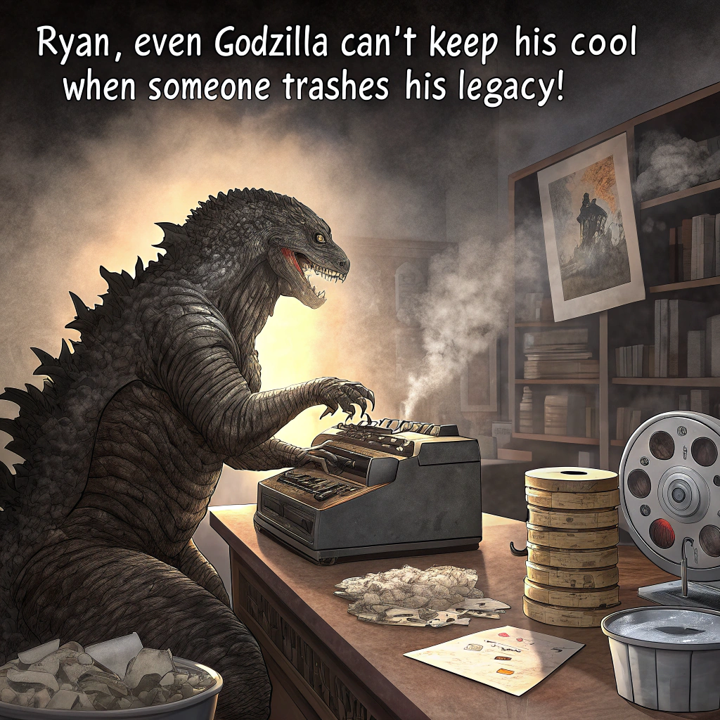 At the top of the image, "Ryan, even Godzilla can't keep his cool when someone trashes his legacy!"

- In the image: A gritty, realistic scene of Classic 1950s Godzilla hunched over an old, smashed-up typewriter at a cluttered desk inside a smoky, destroyed newsroom. He’s furiously typing, his claws smashing keys, smoke curling from his nostrils in frustration. The typewriter is sparking and buckling under his rage. On the desk are stacks of old VHS tapes, popcorn buckets, and a poster for the 1998 "Godzilla" movie crumpled and stabbed with a pencil.  

- Nearby, Matthew Broderick (in disheveled '98 costume) sits on a filing cabinet, dramatically sobbing into a soggy movie script while holding a tub of cold popcorn, watching Godzilla type with a tear-streaked face. A small "Rotten Tomatoes - 15%" rating floats comically in the air above him.

- Outside the broken window in the background, the real Godzilla's tail can be seen swinging wildly in anger as car alarms blare in the cityscape. A banner fluttering on a nearby skyscraper reads: "Happy Birthday Ryan!"

- The overall vibe is funny, cinematic, and loaded with chaotic birthday energy.
Generated with these themes: Classic Godzilla (from the 50s movies) furiously typing a negative review of the 1998 Godzilla movie. Matthew Broderick is crying .
Made with ❤️ by AI.