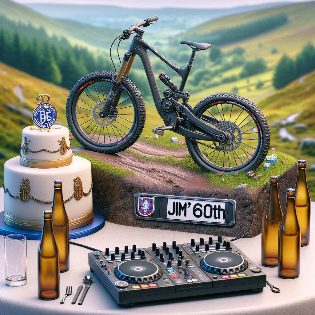 Mountain bike.  Jack Daniels.  Jim's 60th. Rangers FC. DJ. Birthday Card
