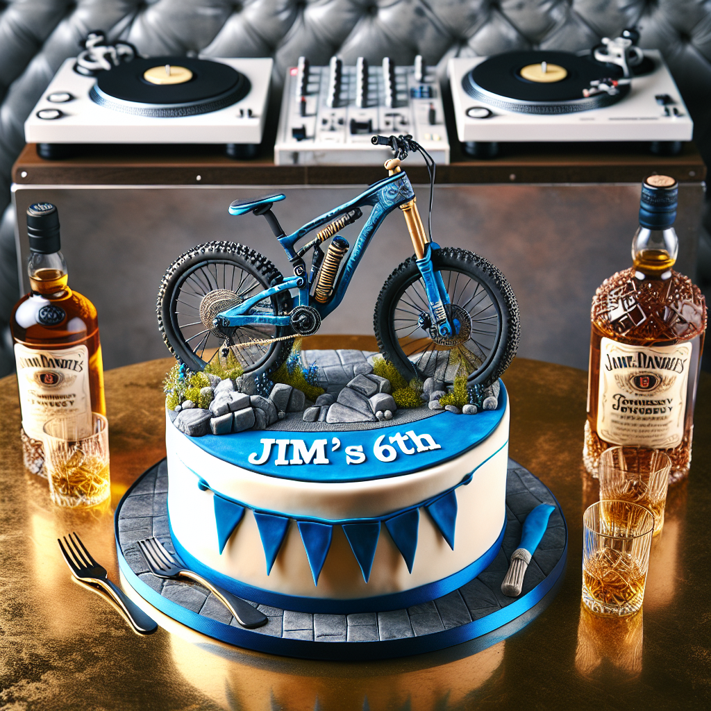 Imagine an intimate birthday setting featuring a meticulously designed fondant mountain bike, positioned as if anticipating a thrilling journey. This centerpiece is graced with a banner proclaiming 'Jim's 60th', lending a personal touch. In proximity, there are miniature replicas of whiskey bottles, so accurately constructed they could be mistaken for the genuine article, subtly suggesting a toast-filled evening. A stylish cake garnished with royal blue and white icing stands proudly, its design communicating the spirit of a football team's colors and emblem. Concluding this vivacious scene, a DJ’s turntable setup stands primed for action, hinting at a night of music and joy.
Generated with these themes: Mountain bike.  Jack Daniels.  Jim's 60th. Rangers FC. DJ. .
Made with ❤️ by AI.