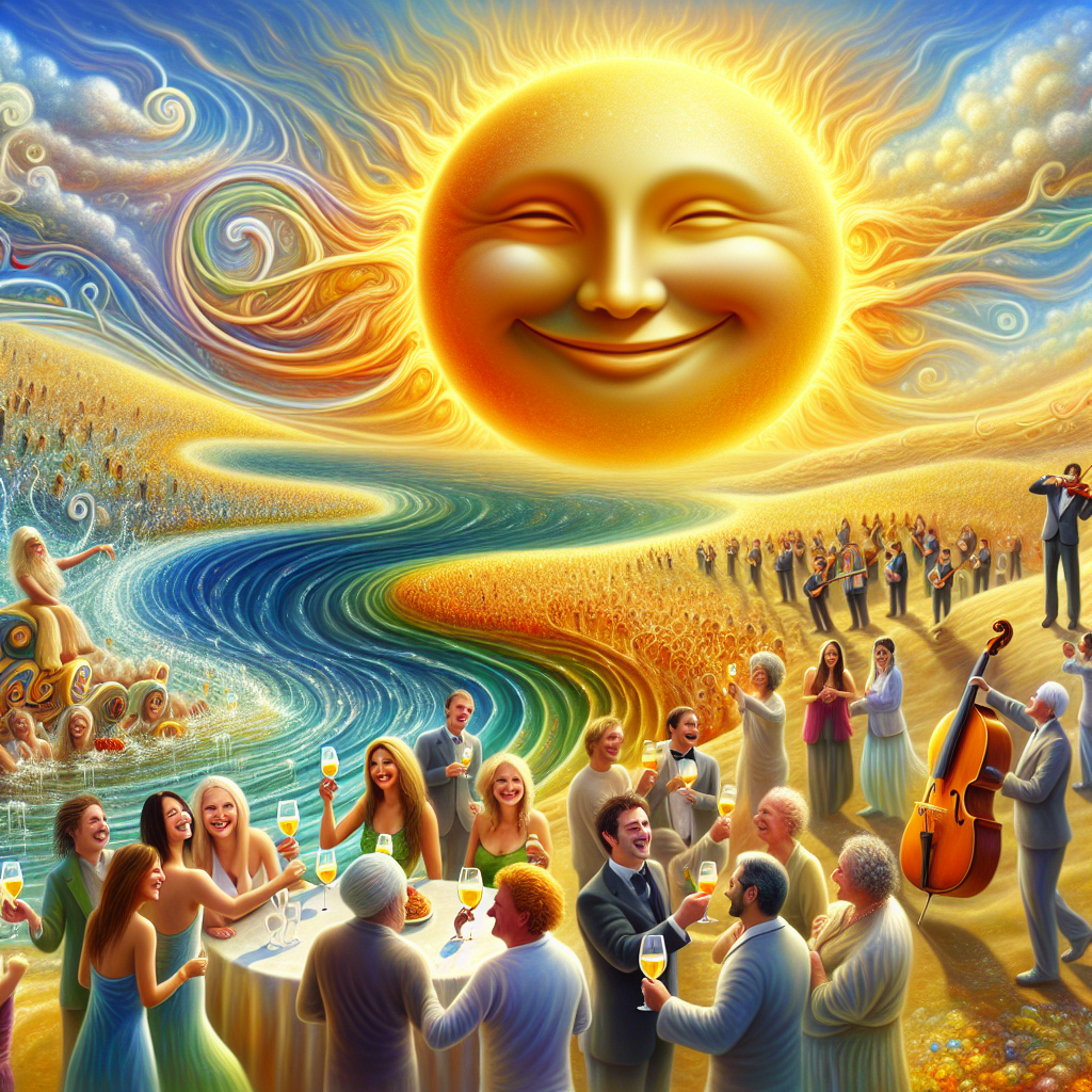 Imagine a surreal landscape where the sun has a gentle, smiling face looking down. A diverse family of various ages, genders, and descents, including Caucasian, Hispanic, South Asian, Black, and Middle-Eastern members, is celebrating a birthday. They are surrounded by the serene, crystal-clear waters that appear to ripple in delight. An unseen orchestra's harmonious symphony can be felt carrying on the wind, intertwining with the soft clinking sounds of wine glasses. The vibrant, warm sunshine envelops the entire scene, casting shimmering, golden highlights on the water that seems to bob in unison with the family's laughter. The entire setting - the smiling sun, jocund waters, merry wine, and melodious wind - is artfully exaggerated producing a scene where joy and cheer resonates from every corner.
Generated with these themes: Sunshine, Water, Wine, Music, and Family holiday .
Made with ❤️ by AI.