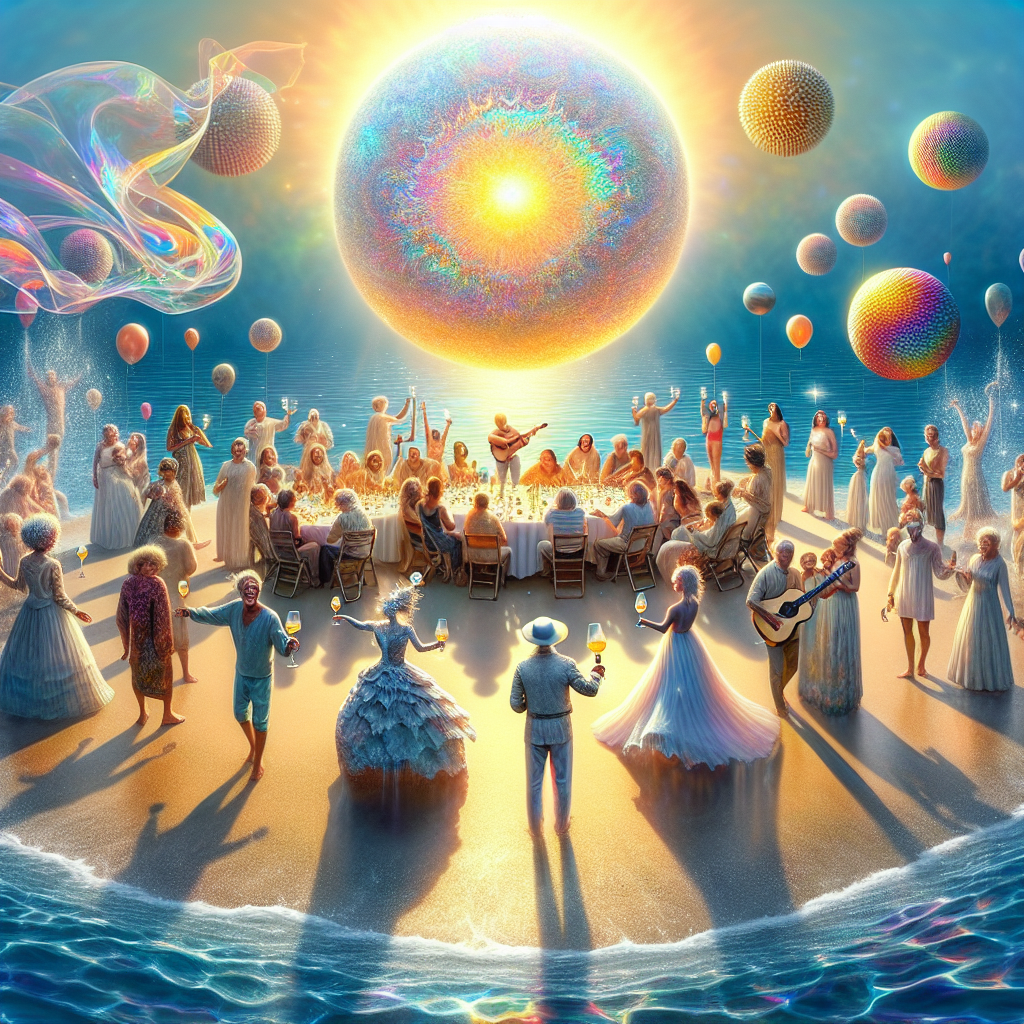 Imagine a whimsical birthday scene unfolding under a radiant, oversized sun casting iridescent light onto a gathering of ethereal individuals. These beings, a representation of family diversity including Caucasian, Hispanic, Black, Middle-Eastern, South Asian individuals of varied genders, are brought together on a surreal shoreline. Transparent waves touch the sandy edge where guests float in sheer delight, holding wine glasses, moving gently to the music of a celestial guitar. This serene party is a unique fusion of the raw everyday and the fantastical, reminiscent of a universal family holiday - bright streamers seem to play with water droplets, and the sound of hearty laughter merges seamlessly with the melody of an otherworldly guitar serenade.
Generated with these themes: Sunshine, Water, Wine, Music, and Family holiday .
Made with ❤️ by AI.