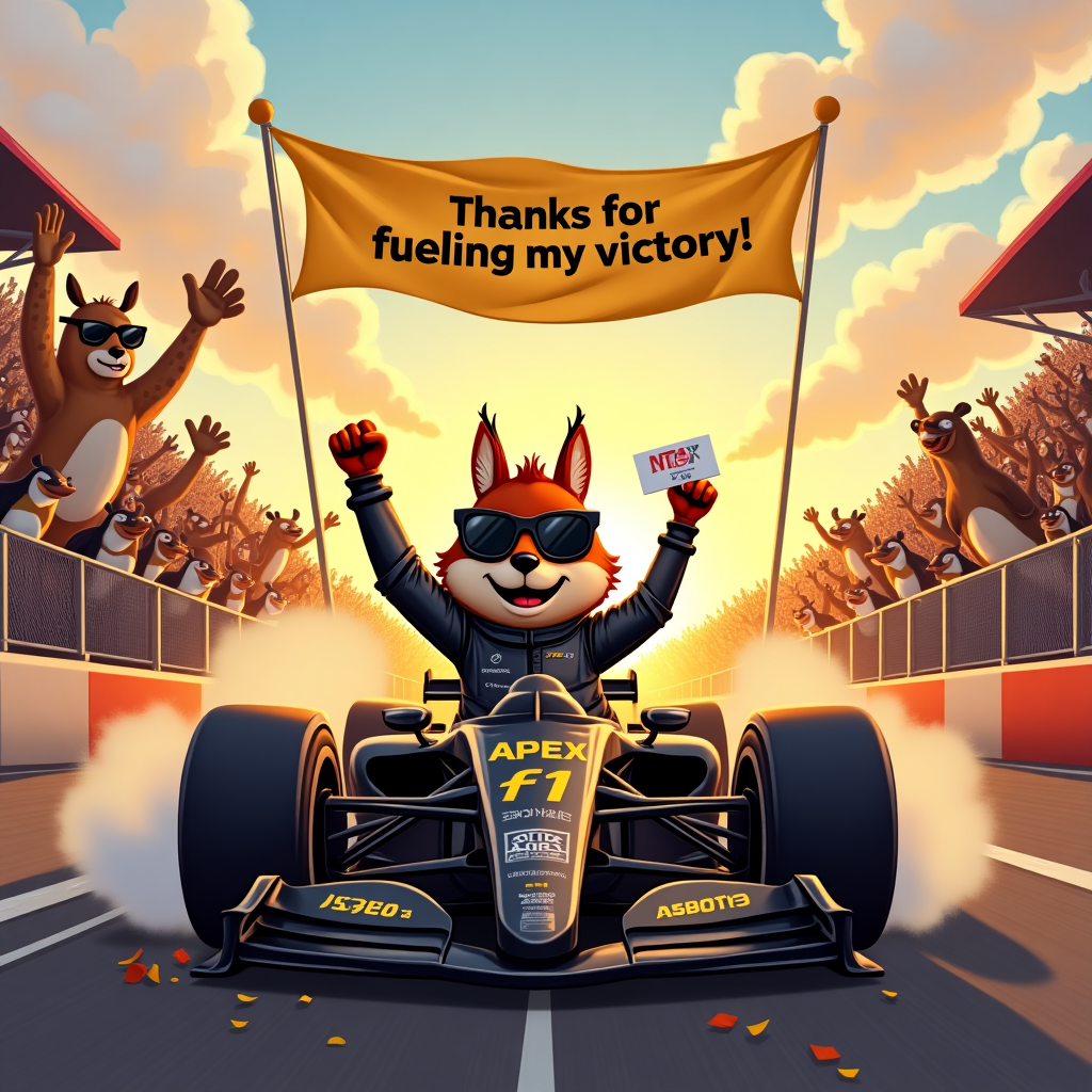 A black and gold race car from the APEX team wins a F1 grand prix at sunset in front of a cheering crowd Thank-you Card
