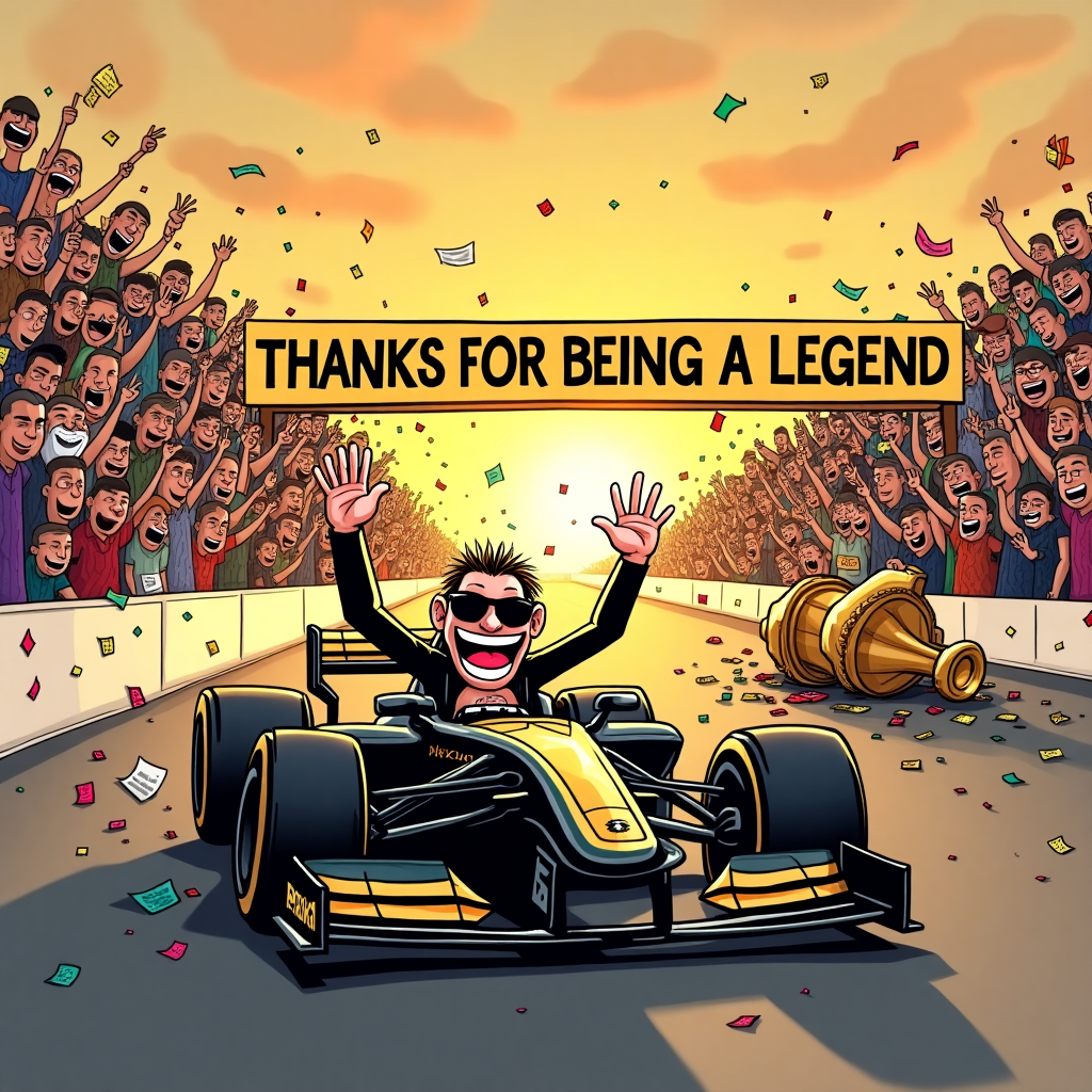 A black and gold race car from the APEX team wins a F1 grand prix at sunset in front of a cheering crowd Thank-you Card