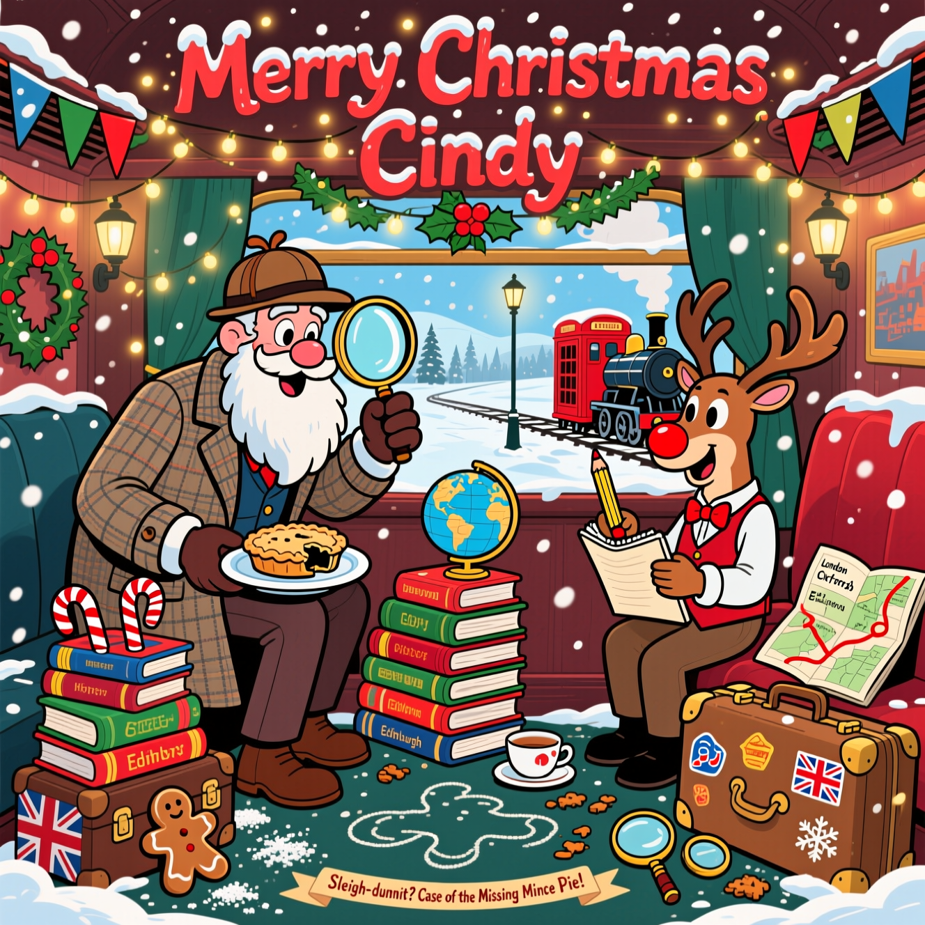 At the top of the Cartoon Style image, "Merry Christmas Cindy" in big festive snow-capped hand-lettering with twinkling fairy lights

Playful Cartoon Style scene inside a vintage British train carriage decked with holly garlands, bunting, and warm fairy lights. Santa as a quirky British detective in an oversized tweed coat and deerstalker hat, brandishing a comically huge magnifying glass, leans over a plate with one bitten mince pie. A red-nosed reindeer sidekick in a tiny waistcoat and bow tie eagerly takes notes with an exaggeratedly long pencil. Piled around them: a teetering stack of colorful mystery books with candy-cane bookmarks, a globe and folded travel map with a red string route connecting London, Oxford, and Edinburgh, and well-traveled suitcases plastered with stickers (Union Jack, magnifying glass icon, snowflake, steam train). Through the carriage window: snowy English countryside, a red phone box on a lamplit platform, and a puffing steam engine. Comedic clues everywhere: a trail of crumbs, tiny boot prints in spilled powdered sugar “snow,” a gingerbread-man chalk outline on the carpet, and a monocle perched on a teacup. Characters have exaggerated proportions, thick black outlines, bright saturated holly reds, pine greens, icy blues, and warm golden glows; energetic, whimsical poses; soft snowfall drifting through the scene; glossy highlights for a playful finish. At the bottom, a small ribbon banner reads: “Sleigh-dunnit? Case of the Missing Mince Pie!”
Generated with these themes: Books, travel, British murder mysteries, and .
Made with ❤️ by AI.