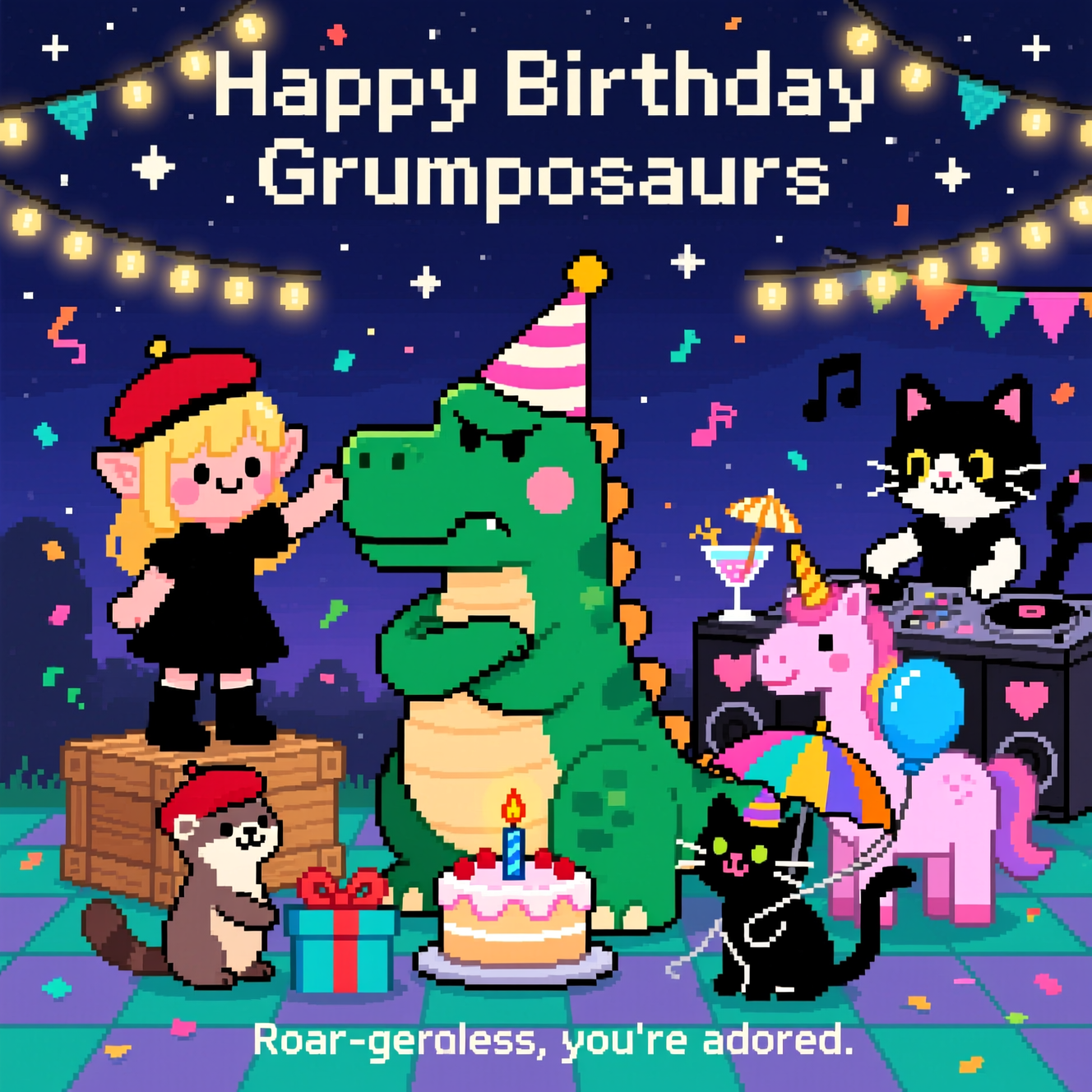 At the top of the Pixel Art Style image, Happy Birthday Grumposaurus

Crisp 8-bit pixel art, vibrant limited 16-color palette, chunky square pixels, no anti-aliasing, subtle dithering. Twilight party scene under string lights and a starry navy sky; plenty of negative space up top for the headline. Center stage: a grumpy green dinosaur wearing a slightly crooked striped party hat, arms folded, soft blush on cheeks, standing behind a tiny cake with one candle.

To the left, a cute small blonde elf in a black dress and black boots stands on a wooden crate, gently straightening the dino’s hat with a caring smile. In front-left, a sleek ferret with a red beret offers a neatly wrapped present with a ribbon.

To the right, a pink unicorn raises a tiny pixel cocktail with a mini umbrella, giving a warm, supportive wink. By the dino’s leg, a chunky black cat wearing a colorful umbrella hat cuddles a balloon string, looking up adoringly.

Background-right, a black-and-white girl cat DJ works a pixel disc set with heart-shaped speakers; a few small musical notes float up. Festive bunting, four-color confetti, and warm fairy-light glow on faces. One-pixel dark outlines, simple tileable ground (teal and lilac checker), sincere, cozy atmosphere with everyone focused on cheering up the birthday dino.

At the bottom of the Pixel Art Style image, small sincere caption: Roar-gardless, you’re adored.
Generated with these themes: Grumpy dinosaur with party hat, Cute, small blonde elf black dress black boots, Ferret with a beret, Pink unicorn with a cocktail, Black cat with umbrella hat that's chunky , Black and white girl cat with dj disc set, and .
Made with ❤️ by AI.