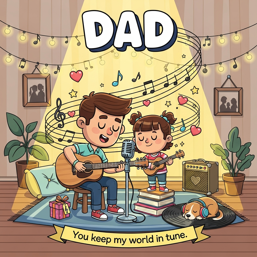 At the top of the Cartoon Style image, DAD

A large, heartfelt, music-themed cartoon scene in a sincere Father’s Day mood: a playful dad with exaggerated proportions (big friendly head, expressive eyes, chunky hands) sits on a low stool strumming an acoustic guitar, while a small child with a tiny ukulele stands on a stack of music books beside him, both leaning toward a shared vintage microphone. They smile softly, eyes gently closed, captured mid-duet. Thick black outlines, bright saturated colors, and whimsical, energetic poses.

Setting: Cozy living room turned mini “home stage.” Fairy lights shaped like eighth notes drape across the background; a rug patterned like a giant vinyl record; a simple amp with a heart-shaped grill; a potted plant; a framed family silhouette on the wall. A ribbon of musical staff winds around them, sprinkling floating notes, stars, and tiny hearts that glow warmly.

Lighting and palette: Warm golden spotlight glow with soft rim light; clean cel shading; saturated, cheerful palette (sunshine yellow, sky blue, cherry red, mint green, violet accents).

Composition: Fill most of the frame with the duo; leave breathing room around the top lettering. Dynamic diagonals from guitar necks and the swirling staff create movement while keeping the vibe tender and sincere.

Text styling: “DAD” is big, hand-lettered bubble letters with a glossy finish, white outline, and subtle drop shadow for readability. Place one small ribbon banner at the bottom with the single line: “You keep my world in tune.” in friendly, bouncy lettering, also outlined for clarity. No other text.

Optional charming details: a closed gift box with a treble-clef tag near their feet; a sleepy dog curled on the record rug wearing tiny headphones.
Generated with these themes: Music, and .
Made with ❤️ by AI.