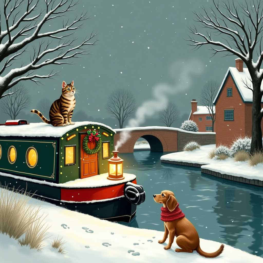 At the top of the Illustration Style image, "Merry Christmas Howie" in warm hand-lettered script, frosted white with a soft golden glow for legibility against the snowfall.

Hand-drawn illustration with fine linework and textured brush strokes; balanced composition; warm, expressive color palette. A serene snowy evening on a British canal: a classic pine-green and crimson narrowboat is moored along a quiet towpath. Amber light glows from its round portholes; a holly wreath with a red ribbon decorates the bow; a string of fairy lights arcs gently along the roof. Soft smoke curls from the little stovepipe into a slate-blue sky filled with drifting snow.

On the snow-dusted roof, a cozy tabby cat (mackerel stripes, green eyes) sits by a lantern, tail wrapped round its paws, watching the flakes fall; tiny pawprints trail behind it. Below on the towpath, a brown-and-white spaniel in a knitted red scarf looks up at the cat with a gentle wag, leaving fresh pawprints in the powder. The canal water mirrors the boat’s warm lights in rippled, muted reflections; snow-laden hedgerows and an old brick bridge frame the distance. Branches arch in from the top corners, dusted with snow, subtly framing the title.

Sincere, heartfelt mood; hush of winter, cozy warmth within. Palette: pine greens, oxblood reds, warm golds, soft creams, slate and midnight blues, with rosy highlights in the snow. Fine ink outlines with layered watercolor-like washes; dry-brush texture for snow on edges; visible paper grain. Generous sky space above for the title; boat placed slightly right of center; cat, dog, and lantern forming a gentle triangular focus.

At the bottom in small, warm grey hand lettering: "Paws aboard, peace afloat."
Generated with these themes: Narrowboat, tabby cat,  spaniel, snow , and .
Made with ❤️ by AI.