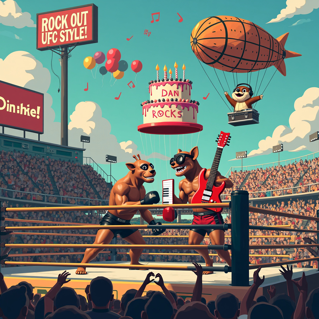In the whimsical scene I've crafted, imagine an open-air arena that looks like a fantastical mash-up of a UFC octagon and a rock concert stage. The octagon is not your standard fight cage; it’s rigged with neon lights and decorated with giant inflatable guitars and keyboards. A crowd of quirky, cartoonish characters, including a giraffe in a tutu and a robot wearing sunglasses, is cheering loudly from the bleachers.

In the center of the octagon, two fighters are going toe-to-toe. But these aren’t your typical fighters; they are anthropomorphic instruments! On the left, we have "Guitar Man," a muscular guitar with arms and legs, sporting a headband and gloves. His opponent is "Keyboard Kid," a lively keyboard with nimble fingers, wearing a tiny pair of boxing shorts and a mouthguard. They are in the middle of an epic battle that involves more shredding and key-smashing than punches.

Hovering above the scene, tied to a bunch of colorful balloons, is a giant birthday cake with the words "Happy Birthday Dan!" written in icing. The cake is adorned with miniature UFC gloves and musical notes as decorations.

In the background, a zeppelin floats by, with a digital billboard that flashes “ROCK OUT UFC STYLE!” While on the ground, a squirrel DJ, complete with headphones and turntables, is spinning records on a side stage.

To the right, a cartoon dog is holding a giant banner that reads "Dan Rocks!" with each letter made from different guitar and keyboard keys. In the sky, the clouds have formed into the shape of musical notes and the words “Dan’s Day” can be seen, as if the sky itself is celebrating.

Overall, this scene combines the high energy of a UFC fight with the rhythmic chaos of a rock concert, tied together with birthday elements and Dan's name featured prominently to make it clear who the star of the show is.
Generated with these themes: UFC , Guitar, and Keyboard.
Made with ❤️ by AI.
