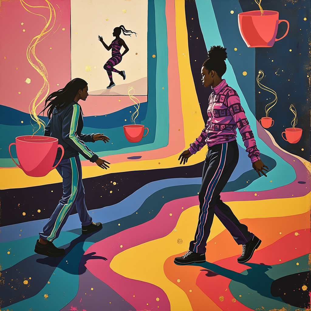 In this surreal abstract birthday-themed scene, imagine a dreamlike expanse inspired by the great abstract artists. 

The backdrop is a blend of Rothko-esque large, soft blocks of color—deep blues and rich purples—suggesting the enigmatic aura of Lapland's northern lights. This scene is punctuated by sharp, angular lines reminiscent of Mondrian, intersecting in a grid pattern, but with a twist: some lines are steaming hot, like the aroma trails of freshly brewed coffee, curling upwards from bold, red espresso cups floating mid-air. 

To one side, an activewear-clad figure, their form echoing the gestural brushstrokes of de Kooning, appears mid-dance. This figure wears a vibrant tracksuit covered in Pollock-like splatters of neon pink, yellow, and green paint. They are energetically moving to an unseen rhythm, an ode to Beyonce’s dynamic presence. Near them, a second figure stands tall and strong, symbolizing feminism, their stance powerful and confident, outlined in a bold, singular line like Malevich's works.

In the middle ground, a giant, abstract coffee pot inspired by Kandinsky’s playful geometric shapes pours out an array of colorful liquid—each stream taking the form of intertwining, fluid ribbons—symbolizing the unity of socialism. Among these ribbons, abstract renderings of Abba's musical notes float, their form simplified yet instantly recognizable, dancing on a staff made of twisted lines and dots, a nod to Miró.

To the other side, a series of circular forms reminiscent of Twombly’s energetic loops illustrate the importance of public health, forming an abstract representation of a healthy heart, its rhythmic beats captured by Richter-like swirls of red and white.

Above, an ethereal figure of Beyonce, evoking the strength and poise of Agnes Martin's subtle grid works, floats serenely, her presence a symbol of grace and empowerment. This figure, drawn with fine, gold lines, oversees the surreal landscape below, merging all these diverse elements into a harmonious and celebratory scene.
Generated with these themes: Coffee, Lapland, Active wear, Public health, Feminism, Socialism , Abba, and Beyonce.
Made with ❤️ by AI.