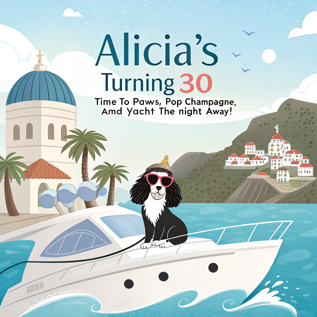 At the top of the image, "Alicia's turning 30 – time to paws, pop champagne, and yacht the night away!"

– In the center of the image, illustrate a charming cartoon-style scene featuring a joyful black and white cocker spaniel wearing heart-shaped sunglasses and a party hat, perched confidently at the front of a luxurious white yacht cruising through the crystal blue waters of the Greek islands.  
– The background shows iconic whitewashed Greek buildings with blue domes on cliff tops.  
– The deck is adorned with pink and gold birthday balloons, vibrant flowers spilling from a wicker basket, and an open bottle of bubbly with golden sparkles fizzing into the air.  
– The dog has one paw resting casually on a large “30” birthday cake with swirly frosting, and its tail wagging wildly as if dancing in celebration.  
– Add cute sea creatures peeking from the waves with party hats on—like a cheeky octopus offering a bouquet of flowers from one of its tentacles.
Generated with these themes: Black and white cocker spaniel, Yacht, Greece, Champagne , Flowers , Greece, and 30.
Made with ❤️ by AI.