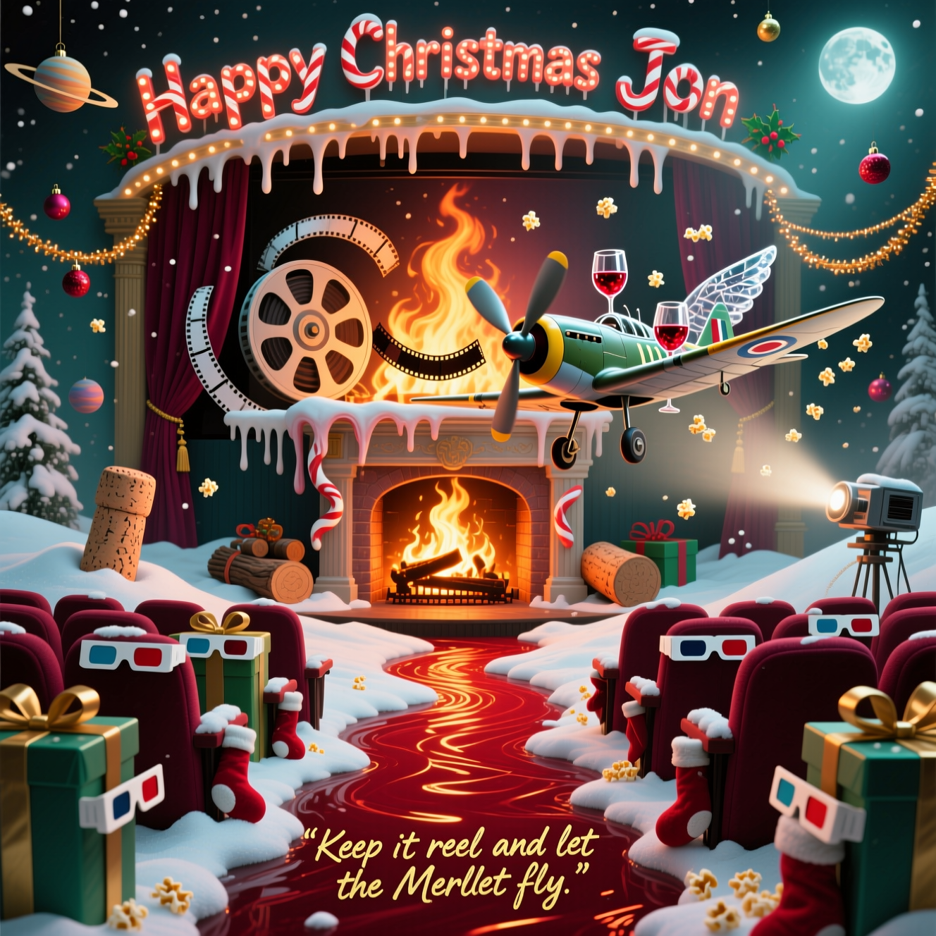 At the top of the Surreal Style image, "Happy Christmas Jon" in melting candy-cane marquee letters.

A Dali-inspired dreamscape where a grand cinema is fused with a roaring fireplace: the screen is an enormous hearth whose flames curl into looping film reels, the mantel droops like soft taffy, and the logs are giant wine corks. Popcorn snowdrifts replace snow, and a river of red wine spirals impossibly up the central aisle, glinting burgundy and gold in the firelight. A cheeky Spitfire, part holly, part chrome, with wings like crystal wine glasses brimming with shimmering red wine, banks in front of the hearth; its propeller scatters popcorn snow and its contrail becomes a sparkling ribbon of film frames and tinsel. Rows of surreal cinema seats shaped like wrapped gifts wear tiny 3D glasses; stockings hang like velvet curtains, baubles float as tiny planets, and a projector beam turns into a tinsel runway. Ethereal lighting, long soft shadows, melting forms, elongated perspectives, dreamy haze, festive palette of warm embers, deep burgundy, moonlit teal, and frosty silver; whimsical and funny, highly detailed, cinematic wide shot.

Place a small caption near the bottom in handwritten gold ink: "Keep it reel and let the Merlot fly."
Generated with these themes: Cinema , spitfire, red wine, fireplace, and .
Made with ❤️ by AI.