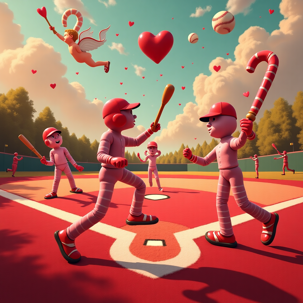 At the top of the abstract image: "Dylan Gordon, you're the only one who’s ever truly caught my fly balls – Happy Valentine's Day!"

**Image Prompt:**  
An abstract, humorous Valentine’s Day image blending baseball elements with romance. Picture a surreal baseball diamond made of red velvet, with heart-shaped bases glowing softly. Abstract players shaped like twisted pink candy canes are mid-action — one sliding into third base made of chocolate truffles. Instead of bats, characters swing oversized roses, and instead of balls, plump Cupid arrows wrapped in red stitching soar through a melting strawberry-sky. The umpire is a grumpy floating cherub blowing a kiss-shaped whistle. Color palette: vibrant reds, deep pinks, buttery caramels, and pop-art oranges. Style should be playful, unexpected, and dripping with cheeky romance.
Generated with these themes: Baseball, and .
Made with ❤️ by AI.