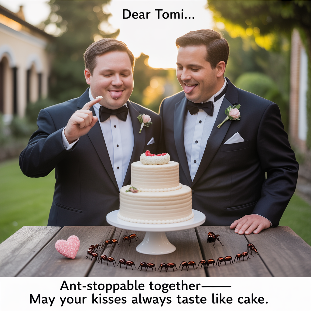 At the top of the Photorealistic picture taken from a camera image, "Dear Tomi..."

At the bottom of the image, "Ant-stoppable together—may your kisses always taste like cake."

In the scene: Ultra-high-definition 4K UHD, realistic, sincere mood. A sunlit garden courtyard at golden hour, soft natural backlight and warm, accurate color. Center frame, two joyful obese men in elegant, well-tailored tuxedos (the grooms) stand by a white tiered wedding cake on a rustic wooden table. One groom lifts a finger with a dab of frosting; the other leans in with a small, playful smile, tongue slightly out to catch the frosting—sweet, tender, and non-comedic. Wedding bands glint softly. At the base of the cake stand and along the table edge, a tiny trail of glossy black ants carries a fallen sugar pearl and a heart-shaped sprinkle—subtle, charming detail captured with shallow depth of field. Crisp lifelike textures: satin lapels, cake frosting swirls, skin tones, floral petals, and wood grain. Composition in vertical portrait, 85mm lens look, f/1.8, creamy bokeh, subject tack-sharp with rich depth. Leave tasteful negative space above and below for the text; set the top line in elegant warm-white calligraphy, the bottom line in clean small-caps sans serif with a gentle gold-foil sheen for a refined finish.
Generated with these themes: Obese men , Tongue, Ants, and .
Made with ❤️ by AI.